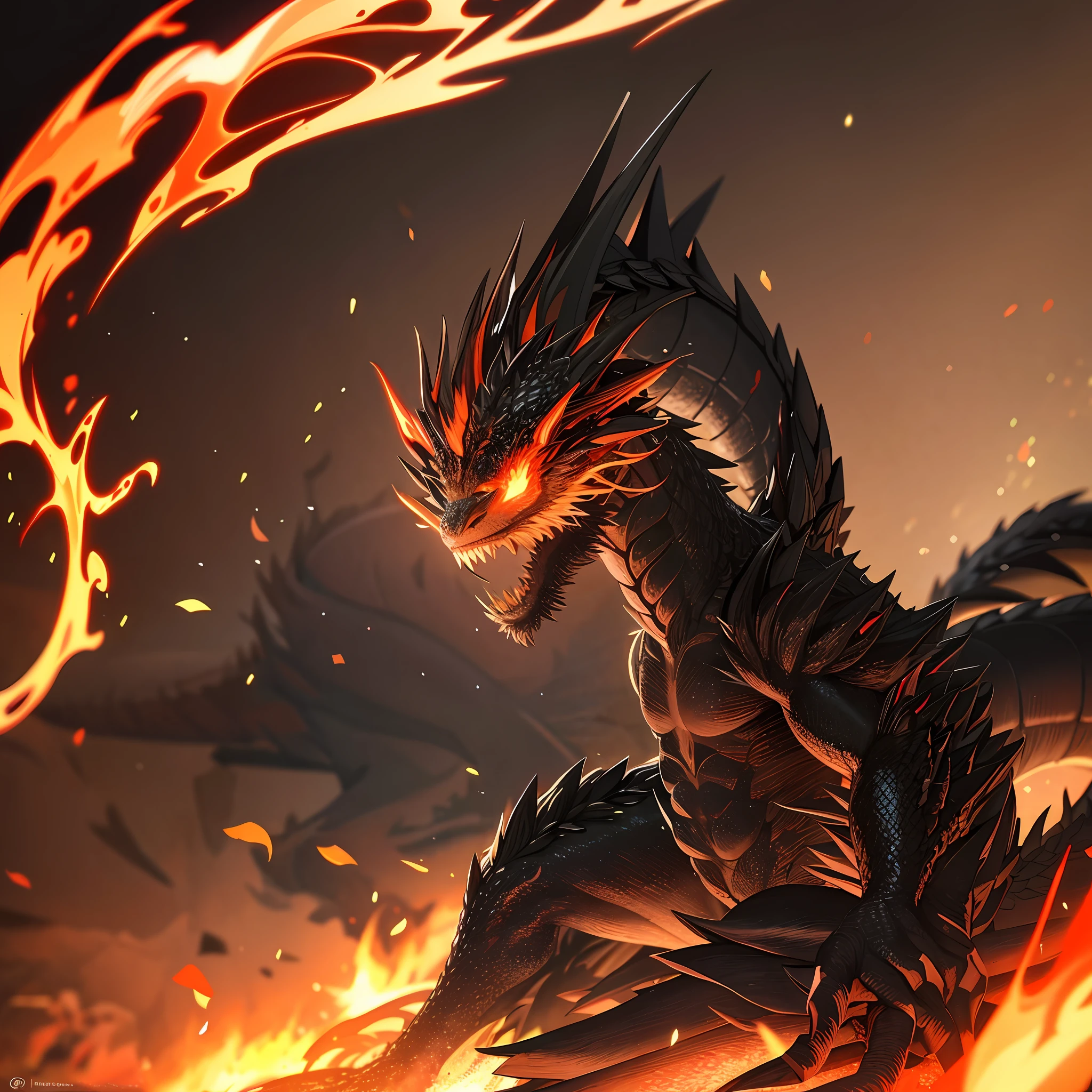 Dragon-like head Dragon-like body Black monster Long tail Cutting with flaming claws Fire effect Burning forest
