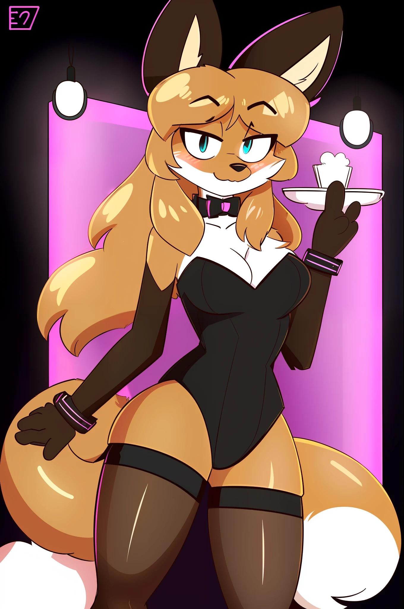 Averi, Fox Girl, Big Chest, Day, Sexy, Sensual, Detailed, Uploaded to E621, Beautiful and Detailed Portrait of an Anthropomorphic Vixen (((Female))), Uploaded to E621, Kilinah, Movie Lighting, Nightclub, Neon Lights, Party, Open Legs, Leotard, Pantyhose, Playboy Bunny, Strapless, Strapless Leotard, Wrist Cuffs, Black Leotard, Black Pantyhose, Bow, Bow Tie, Separate Collar, Waitress