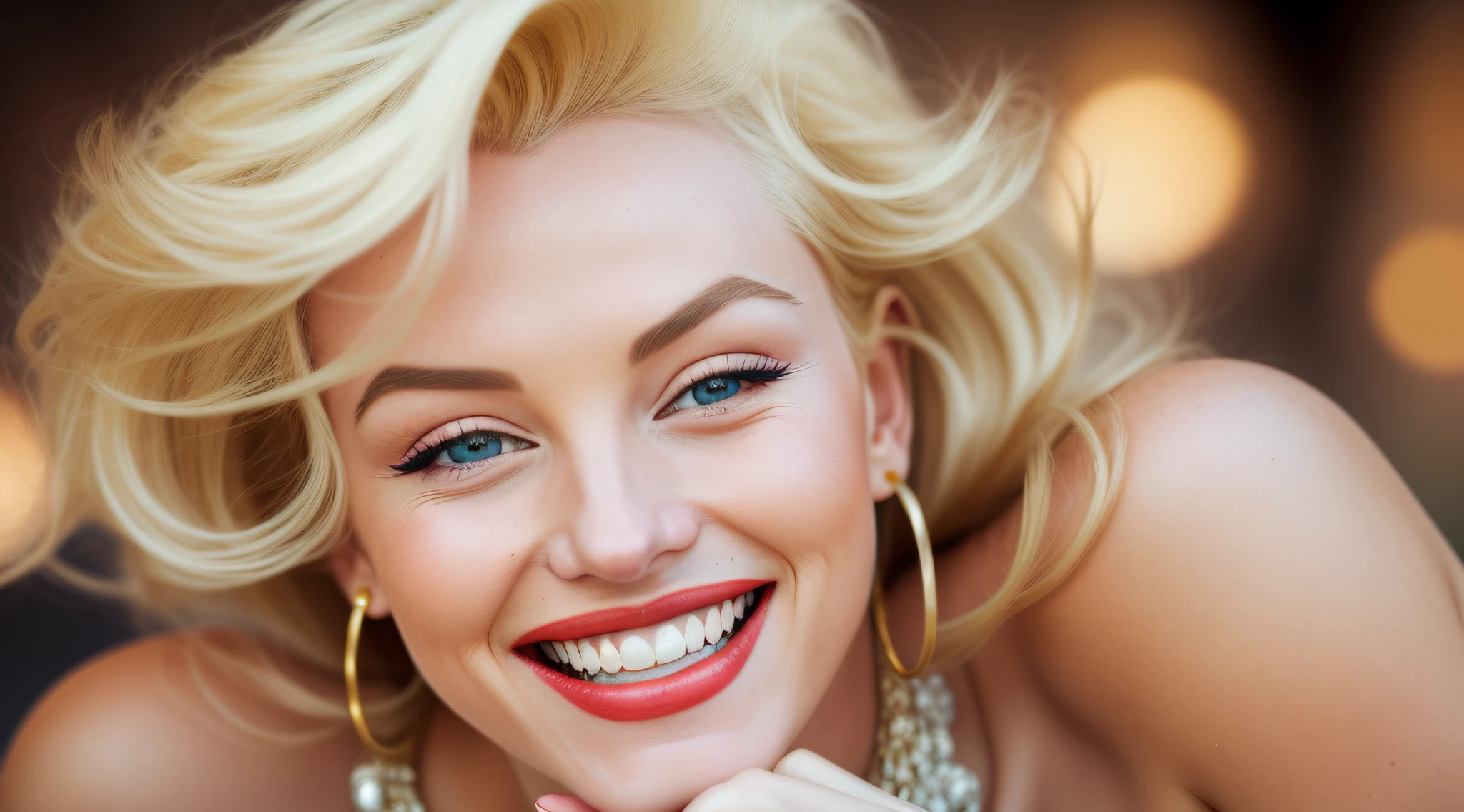 blonde woman with a big smile and a necklace on her neck, happy fashion model face, beautiful white teeth, she expressing joy, smiling fashion model face, beautiful and smiling, she is smiling and excited, excited facial expression, perfect smile, beautiful smiling face, smiling woman, fashion model smiling, she is laughing, dramatic smile pose, beautiful smile, she is smiling and happy,marilyn monroe