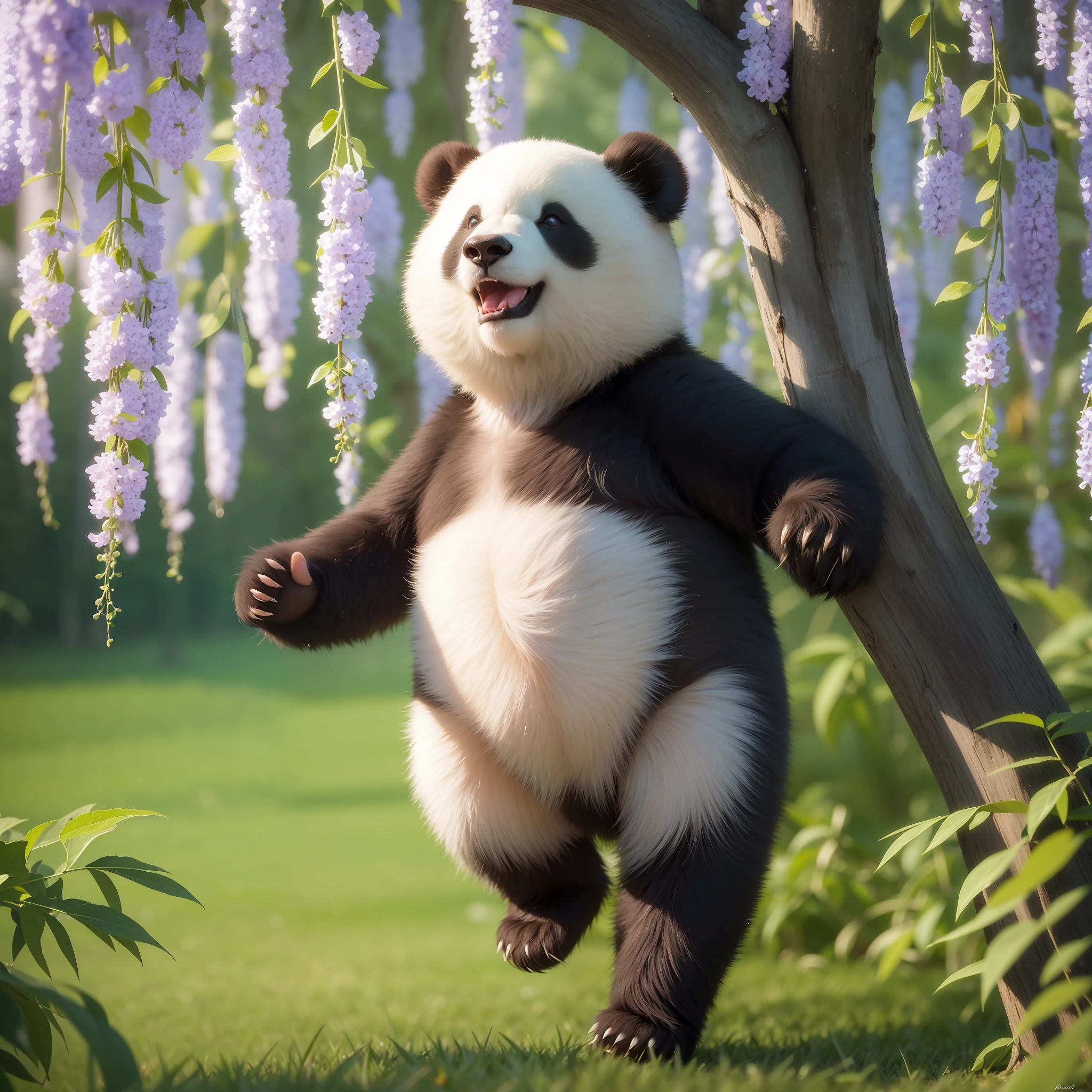 8K, 1 juvenile bear, cute (shiny and shiny hair: 1.5), (exquisite detail depiction: 1.5), cute giant panda named Waka, characteristics of giant panda, round body, white short tail, black limbs, standing on both feet, smiling at the audience, in the wisteria forest, grass, wide-angle lens, HD picture quality, exquisite detail description
