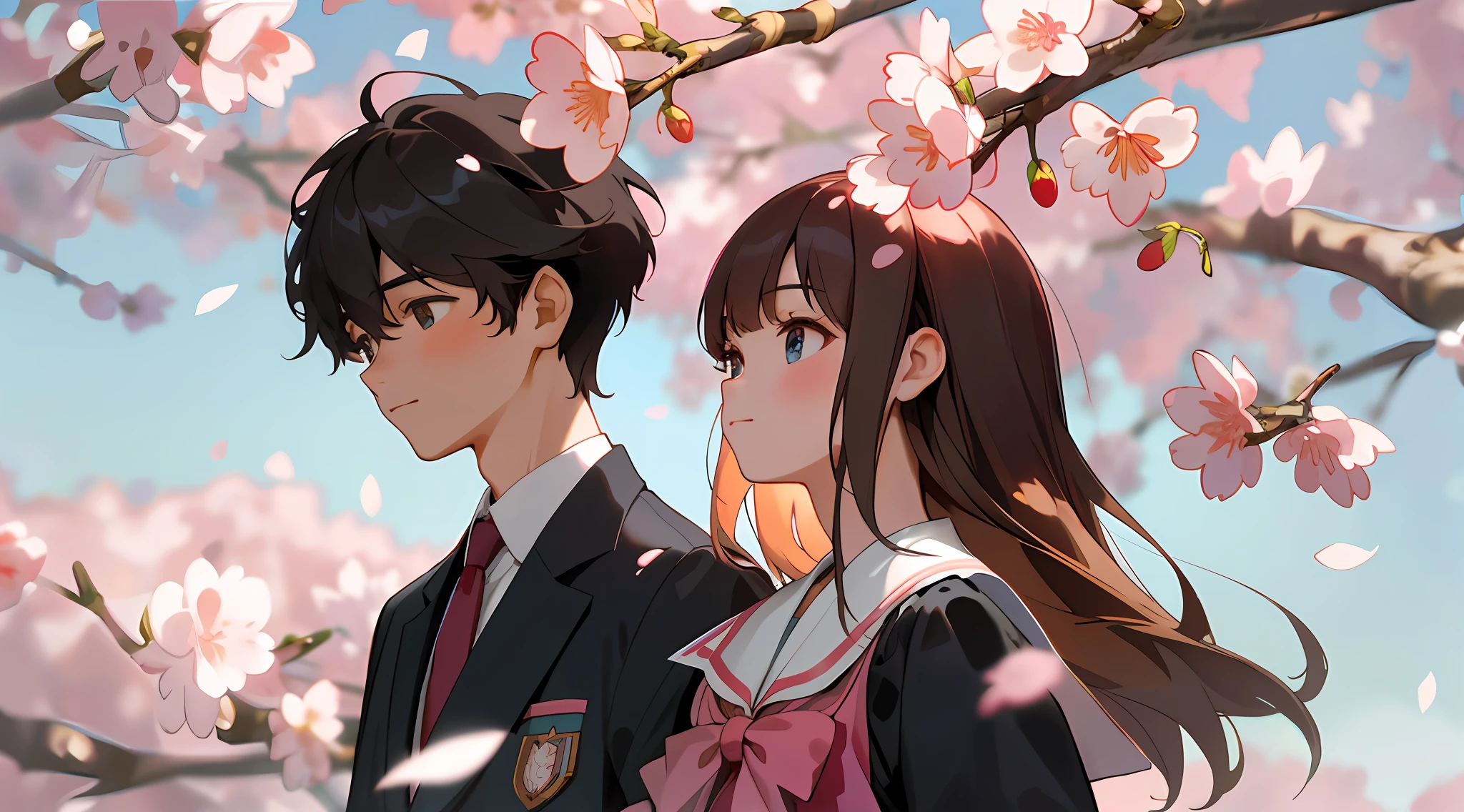Masterpiece, Best Quality, Ultra Detailed, CG, Film Angle, Close-up, Upper Body, Portrait of People, Delicate Eyes, A Boy and a Girl, Couple, Student Uniform, JK, Walk Side by Side, Walk Together, Walk Under the Cherry Blossom Trees, Cherry Blossoms, Petals