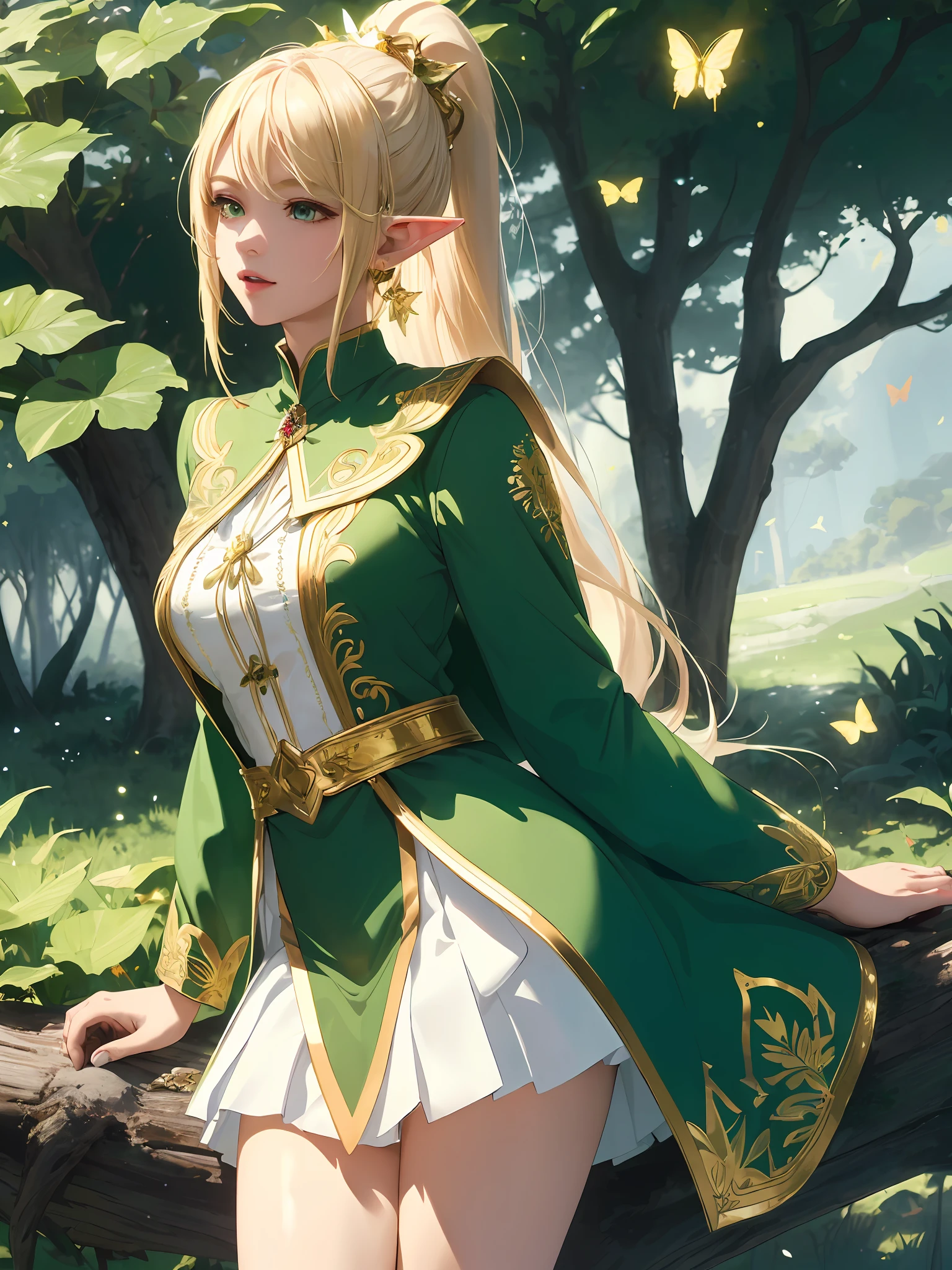 (((Masterpiece, highest quality, high definition, high detail)))), ((((Fantasy))), One, (Elf woman)))), (White short skirt with gold embroidery), (Blonde long straight ponytail), (Glossy dark green eyes), (Green surcoat embroidered with gold), (Green cape with golden embroidery), Big, (sits on the root of a large tree)), ((Close eyes)))) ), ((Put your hands on your chest)), (sing)))), tilt your head, (breeze), lots of glowing butterflies flying, glowing notes rush through the sky