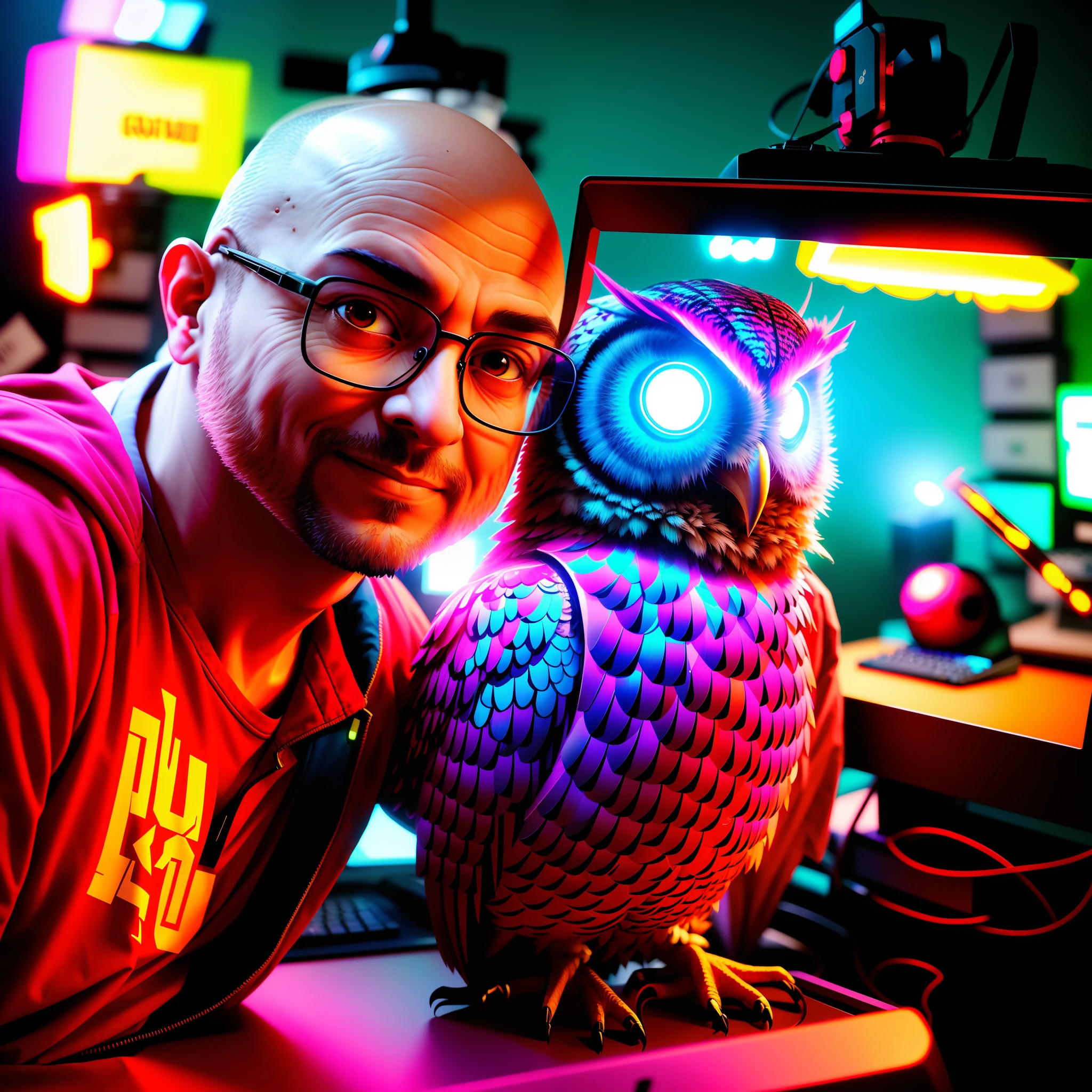 40 year old bald man sitting, computers around, (a huge owl bird on his shoulder), red owl, cyberpunk style, image angle from above, dramatic light, high quality, high definition, 16k, uhd, severe low lighting, high quality, sharp focus, fujifilm XT3, Fine composition, super detailed, best quality.