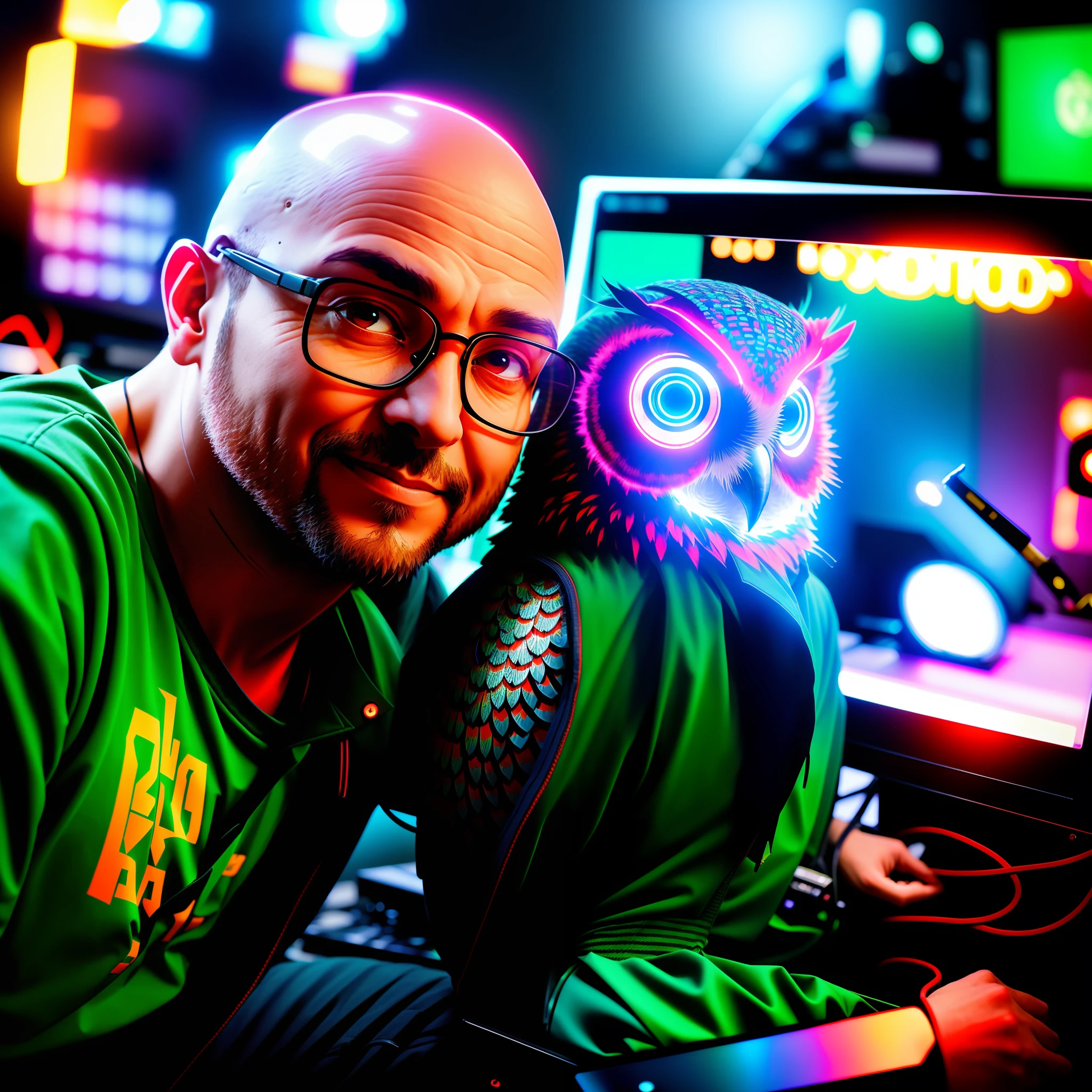 40 year old bald man sitting, computers around, (a huge owl bird on his shoulder), red owl, cyberpunk style, image angle from above, dramatic light, high quality, high definition, 16k, uhd, severe low lighting, high quality, sharp focus, fujifilm XT3, Fine composition, super detailed, best quality.