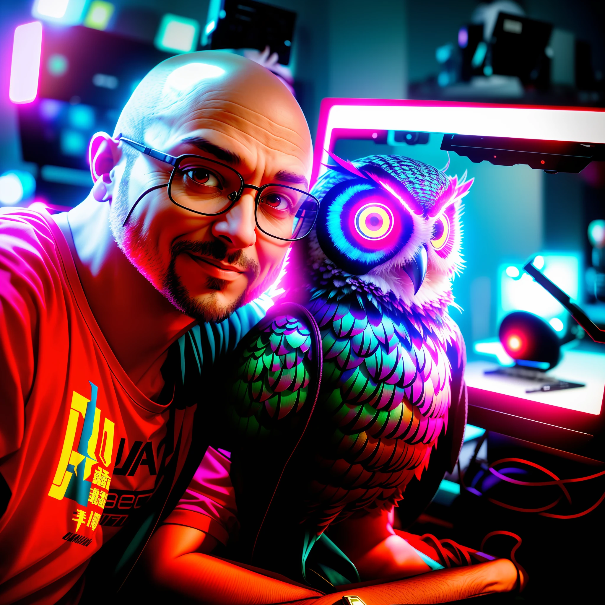 40 year old bald man sitting, computers around, (a huge owl bird on his shoulder), red owl, cyberpunk style, image angle from above, dramatic light, high quality, high definition, 16k, uhd, severe low lighting, high quality, sharp focus, fujifilm XT3, Fine composition, super detailed, best quality.