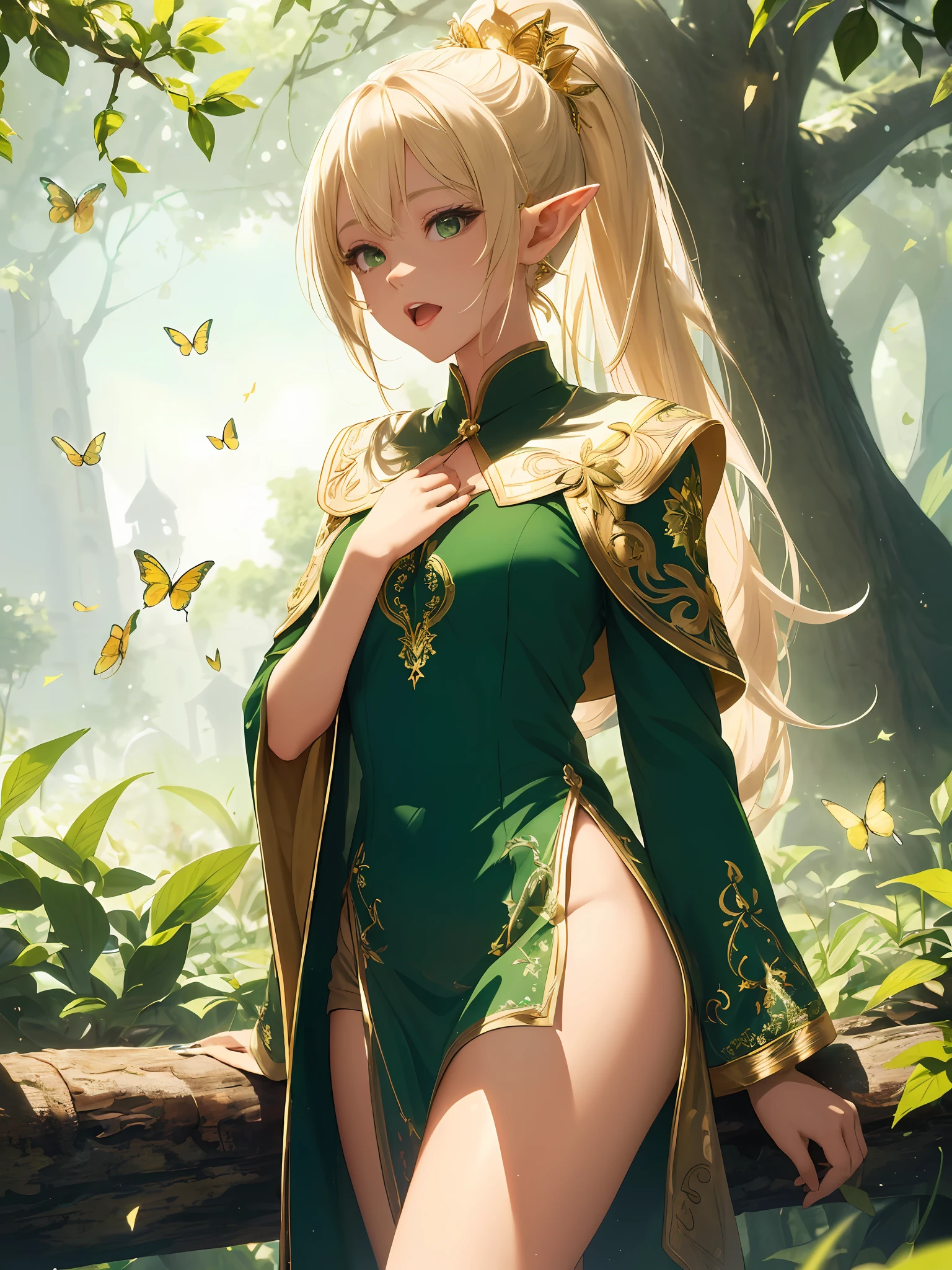 (((Masterpiece, highest quality, high definition, high detail)))), ((((Fantasy))), One, (Elf woman)))), (White short skirt with gold embroidery), (Blonde long straight ponytail), (Glossy dark green eyes), (Green surcoat embroidered with gold), (Green cape with golden embroidery), Big, (sits on the root of a large tree)), ((Close eyes)))) ), ((Put your hands on your chest)), (Sing with your mouth open))))), tilt your head, (breeze), lots of glowing butterflies flying, glowing notes rush through the sky