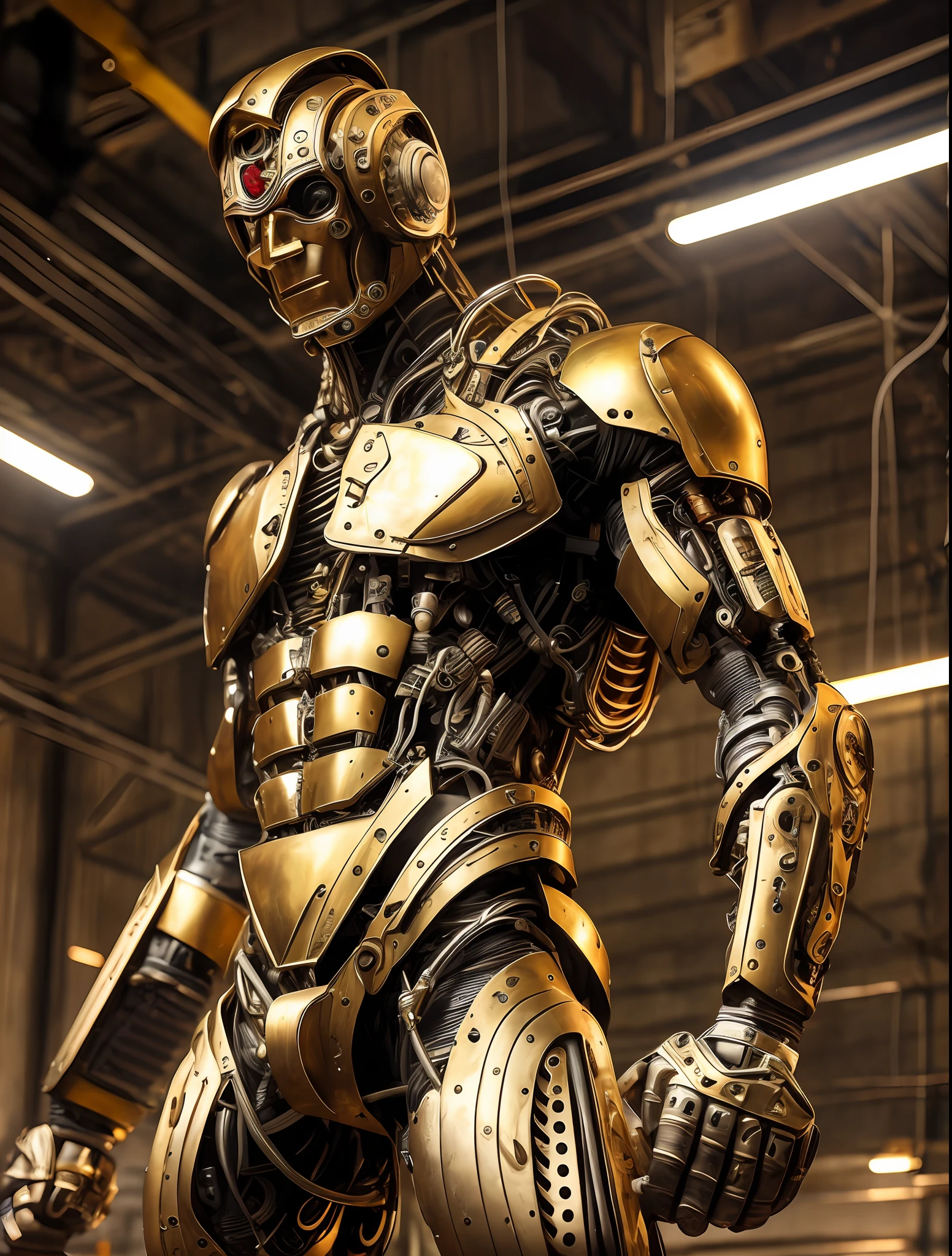 (Very attractive) muscular cyborg older man with a (model face), chisled features, exposed wires, gold oil leaking from rusty wires, lights, extremely asthetically chiseled physique, old destress metal, huge Crotch bulge, --auto --s2