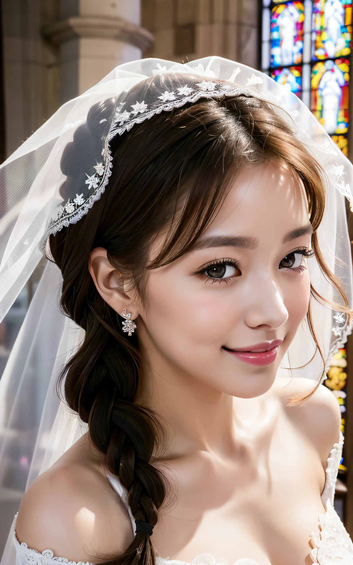 Photograph of a woman herself, one young girl, double eyelids, (big: 1.2), sexy bride, (pure white wedding dress, wedding veil)), (deep slit: 1.2), (smile: 1.1), off-shoulder, (in church)), cleavage cutout, (overhead shot), (sideboob), (portrait), ( french braid)、(close to viewer)、(strong light)