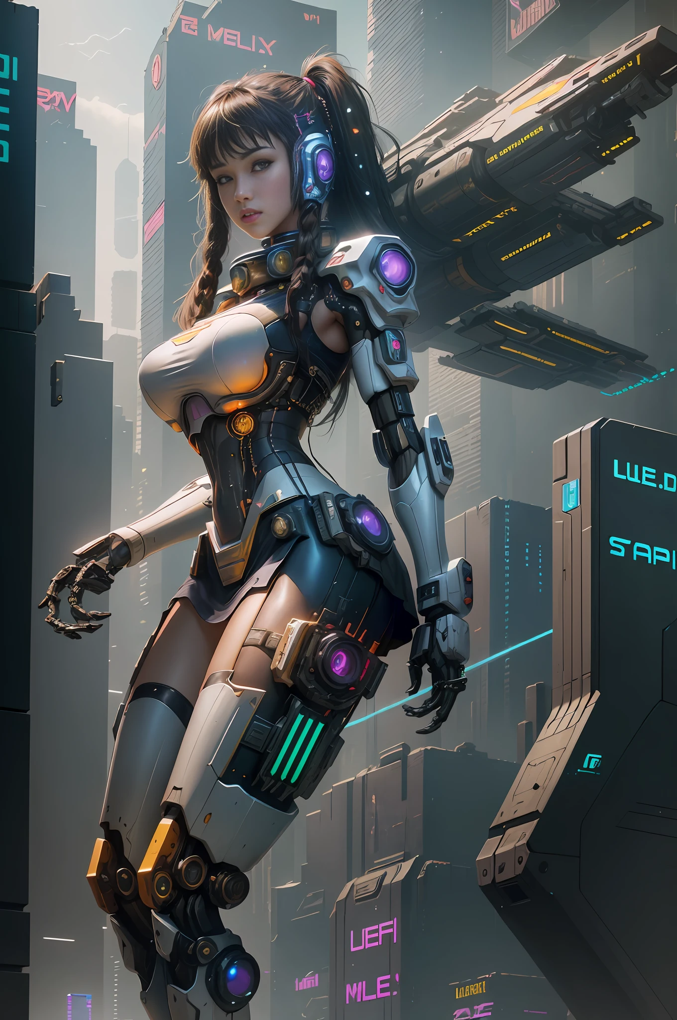 ((Best quality)), ((masterpiece)), (highly detailed:1.3), 3D, beautiful, (cyberpunk:1.6), in space, nebulous, laser, (1Female mecha:1.8), ???? body, facing the audience, bright eyes full ???????, full body, big ???, neon tattoo, (flying, descending, dynamic, motion blur: 1.4), (huge wings of locks: 1.9), looking up, glowing_eyes, mecha, panorama, background is earth,  nebula, space, particles, Reality, HDR (High Dynamic Range), Ray Tracing, NVIDIA RTX, Super Resolution, Unreal 5, Subsurface Scattering, PBR Textures, Post-Processing, Anisotropic Filtering, Depth of Field, Maximum Clarity and Clarity, Multilayer Textures, Albedo and Specular Maps, Surface Shading, Accurate Simulation of Light-Material Interaction, Perfect Proportions, Octane Render, Two-Tone Lighting, Large Aperture, Low ISO,  white balance, rule of thirds, 8K RAW, efficient sub-pixel, sub-pixel volume product, (best quality), (Japanese: 0.9), (Korean: 0.8), (Liu Yi Fei: 1.8) long hair, (large ?????: 1.5), (underboob: 1.6), (white transparent lace mini skirt: 1.7)