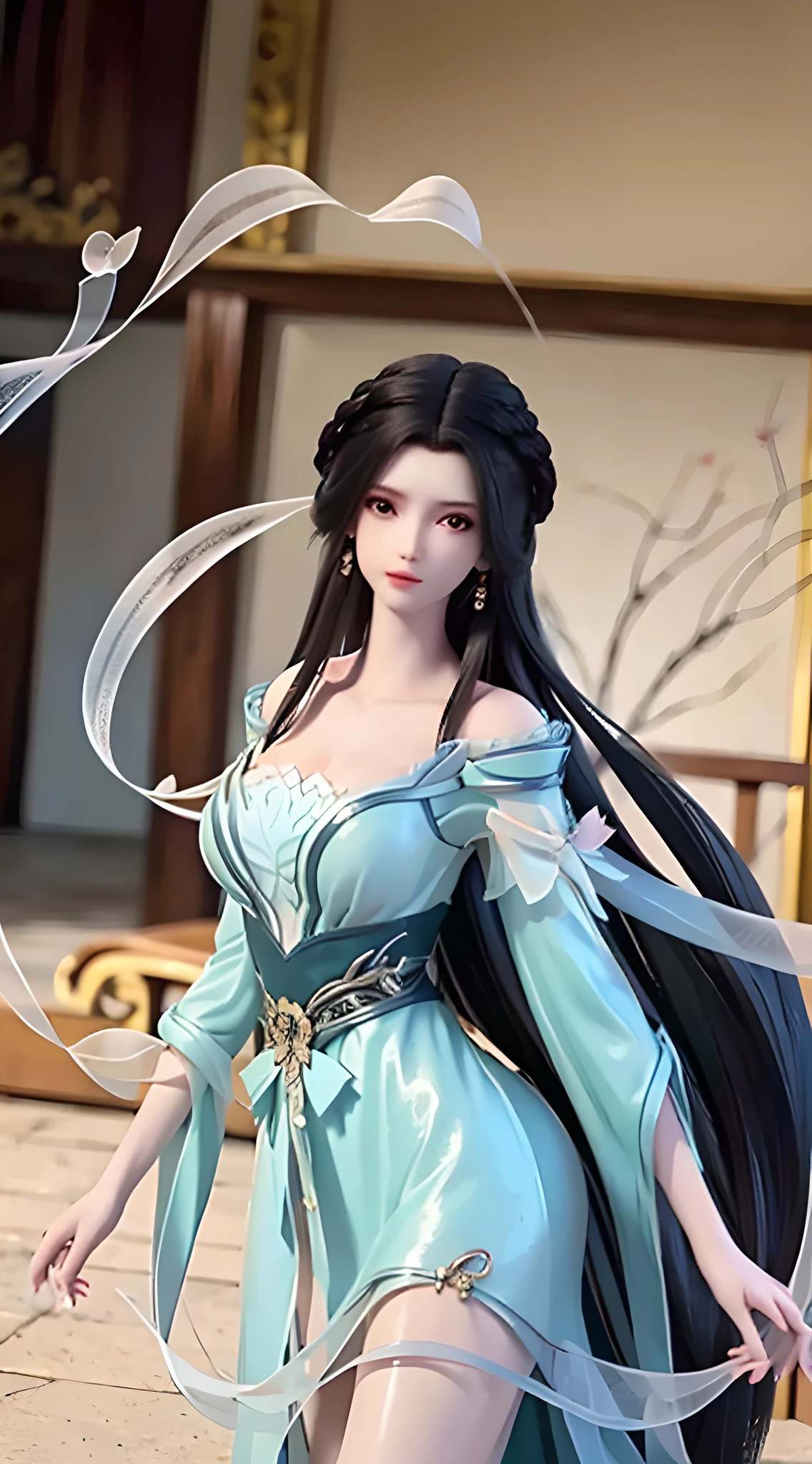 masterpiece,best quality,1girl, black hair, bare shoulders, long hair, dress,cowboy shot, dynamic pose, dynamic angle,