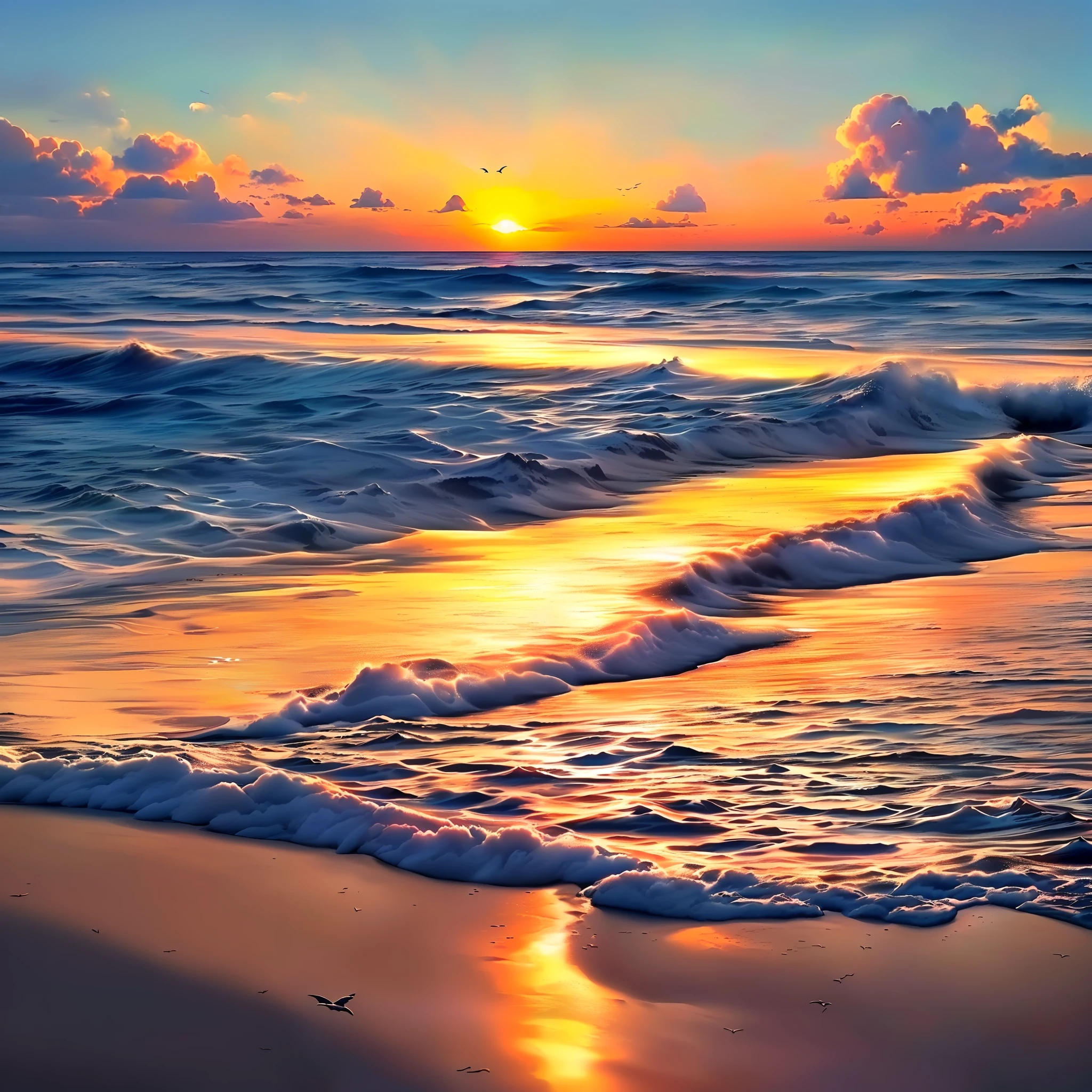 A perfect image captured at the end of a summer day. The sky is painted with golden and orange hues as the sun slowly sets on the horizon. A couple in love is sitting on a towel stretched out on the soft sand of the beach, holding hands, sharing smiles and looks full of complicity. The gentle waves gently caress the beach, creating a trail of white foam. The air is filled with a gentle breeze, and the soothing sound of waves and seagulls creates a perfect melody for this romantic moment