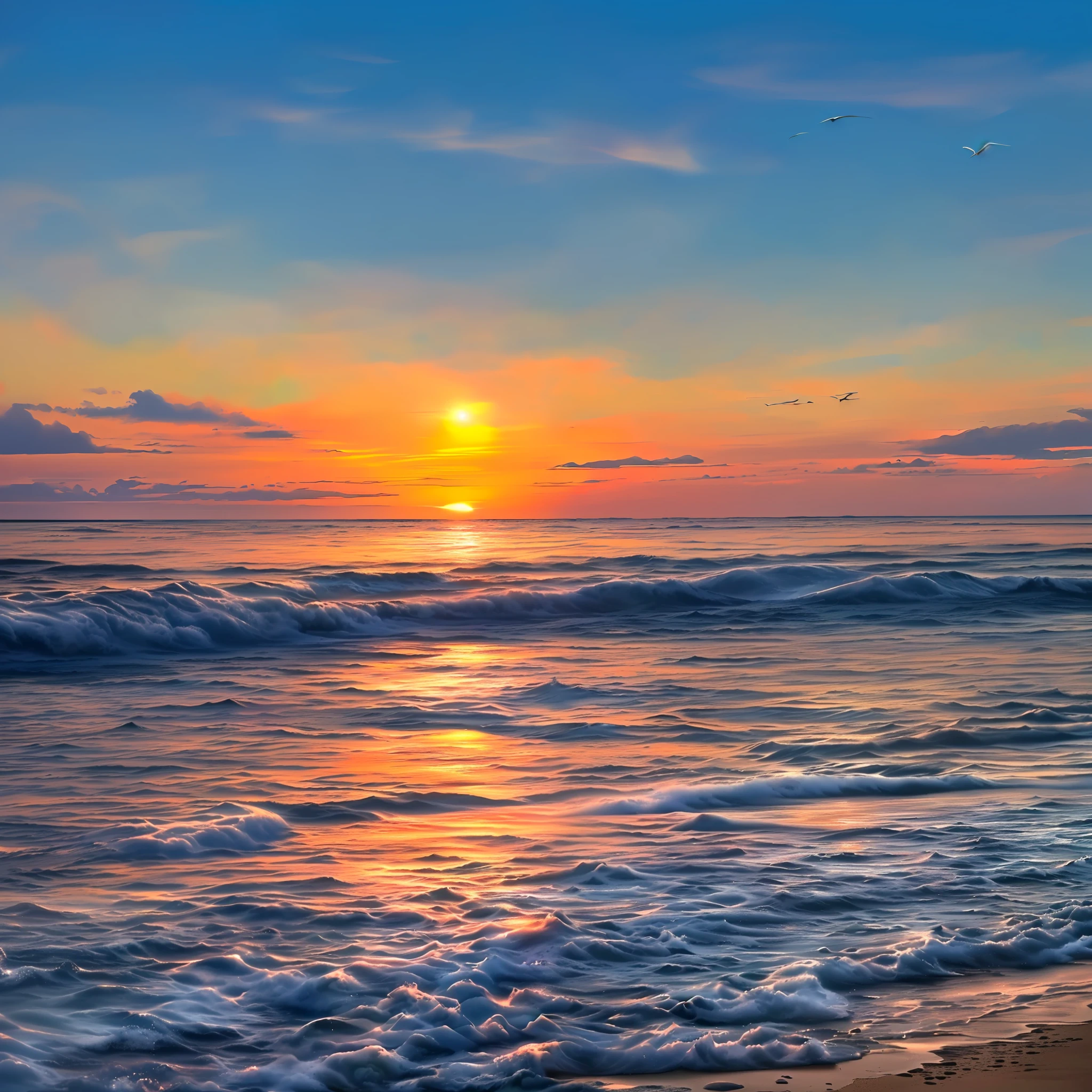 A perfect image captured at the end of a summer day. The sky is painted with golden and orange hues as the sun slowly sets on the horizon. A couple in love is sitting on a towel stretched out on the soft sand of the beach, holding hands, sharing smiles and looks full of complicity. The gentle waves gently caress the beach, creating a trail of white foam. The air is filled with a gentle breeze, and the soothing sound of waves and seagulls creates a perfect melody for this romantic moment