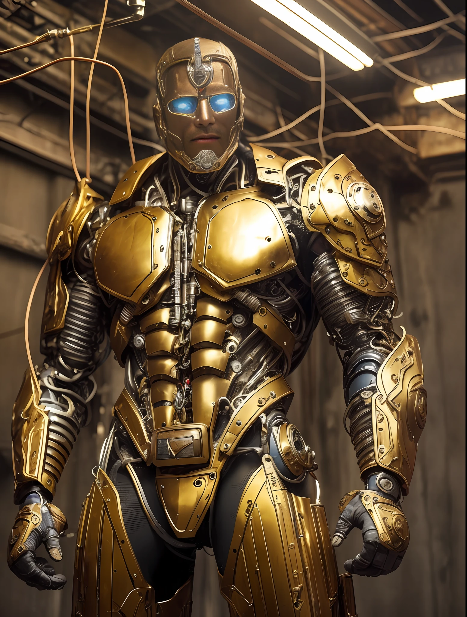 (Very attractive) muscular cyborg older man with a (model face), chisled features, exposed wires, gold oil leaking from rusty wires, lights, extremely asthetically chiseled physique, old destress metal,  huge Crotch bulge, --auto --s2