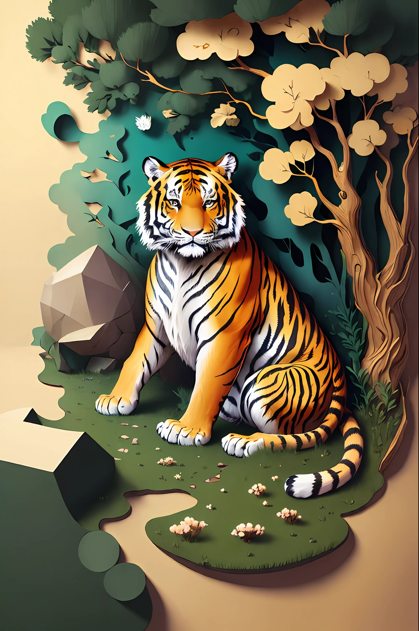 (((masterpiece))),bestquality,illustration,beautifuldetailedglow,
paper_cut, tiger,pines,stone,grass,tree