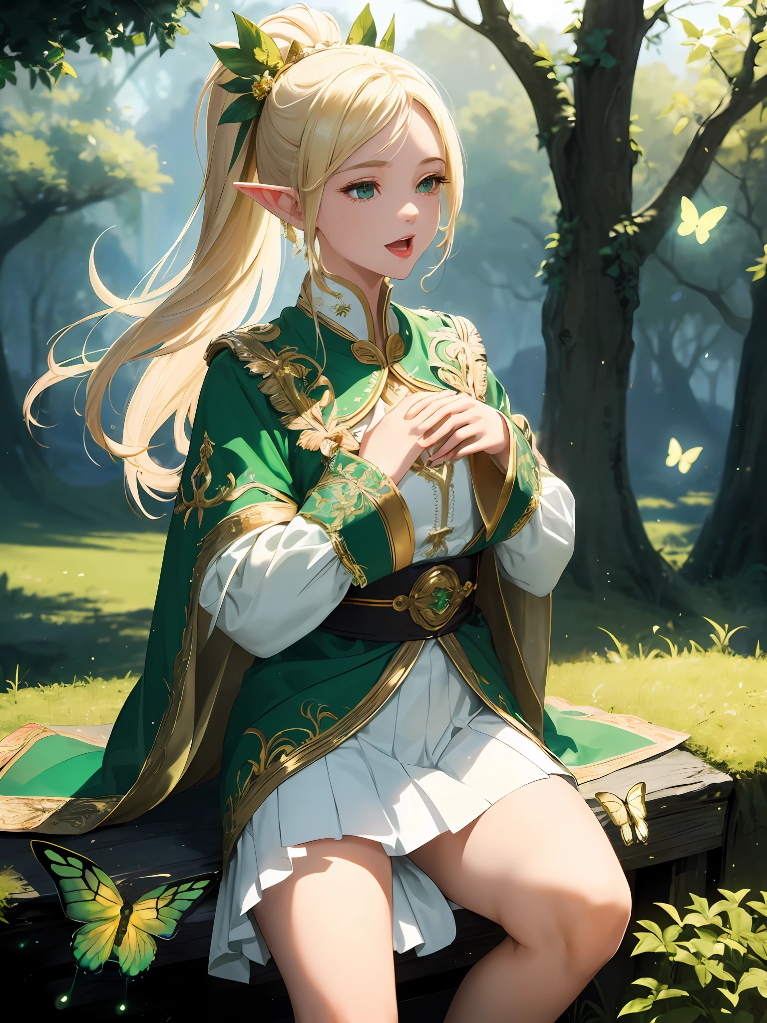 (((Masterpiece, highest quality, high definition, high detail)))), ((((Fantasy))), One, (Elf woman)))), (White short skirt with gold embroidery), (Blonde long straight ponytail), (Glossy dark green eyes), (Green surcoat embroidered with gold), (Green cape with golden embroidery), Big, (sits on the root of a large tree)), ((Close eyes)))) ), ((Put your hands on your chest)), (Sing with your mouth open))))), tilt your head, (breeze), lots of glowing butterflies flying, glowing notes rush through the sky