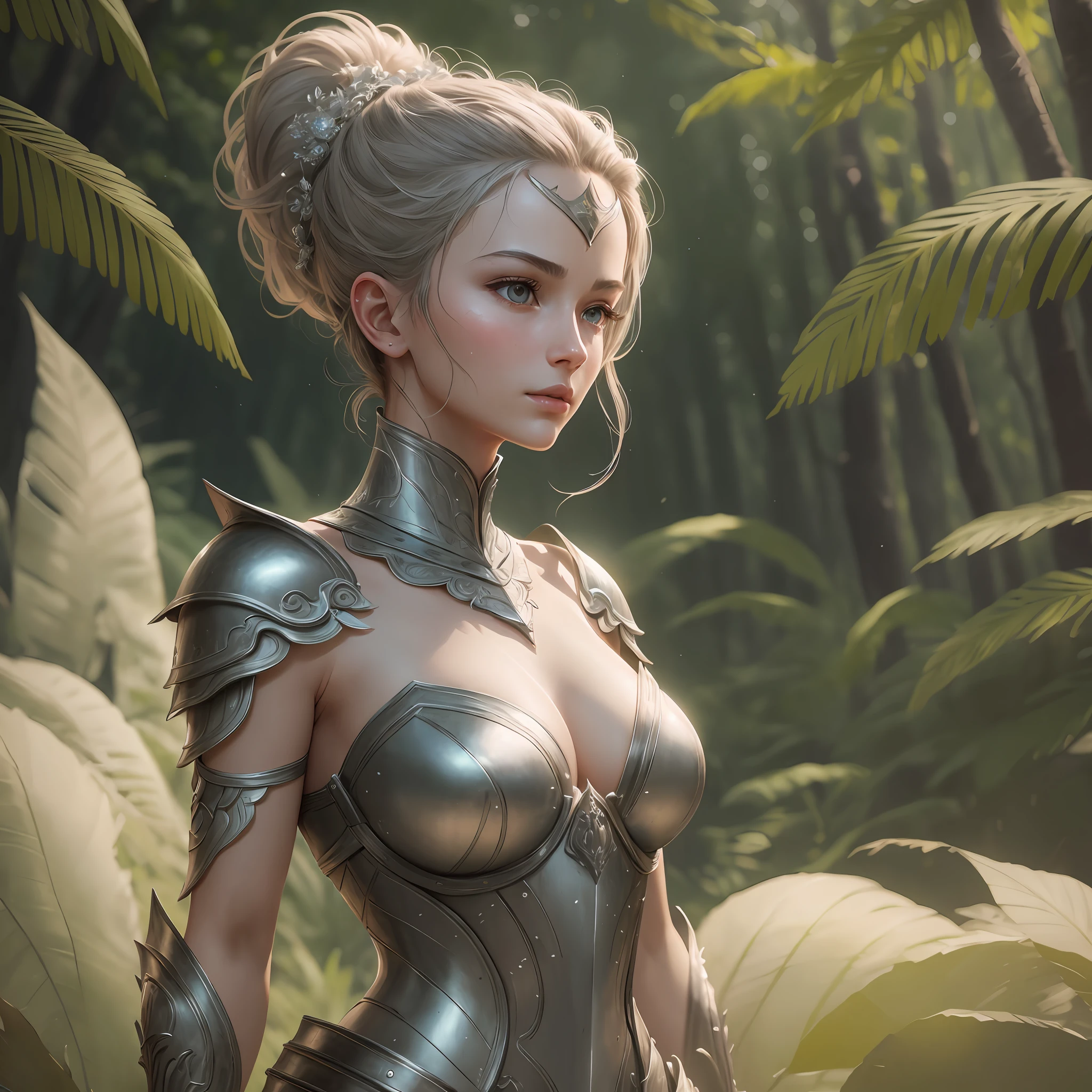 delicate female character, extreme beauty, delicate face, soft skin, discreet sole, full body, wearing an armor, hair up to the waist, thin waist, inside a forest, 8k unit CG highly detailed, complex, high detail, high quality still image of film, very detailed, masterpiece, best quality, ultra realistic detailed rendering style, natural light, sharp character design,  (((natural skin texture))), 8k textures, soft cinematic lighting, sophisticated, elegant, rich in detail, sharp focus, soft tones, frenzy of detail, intricate details, super details, high contrast, soft film lighting, vivid colors, exposure combination. --auto --s2