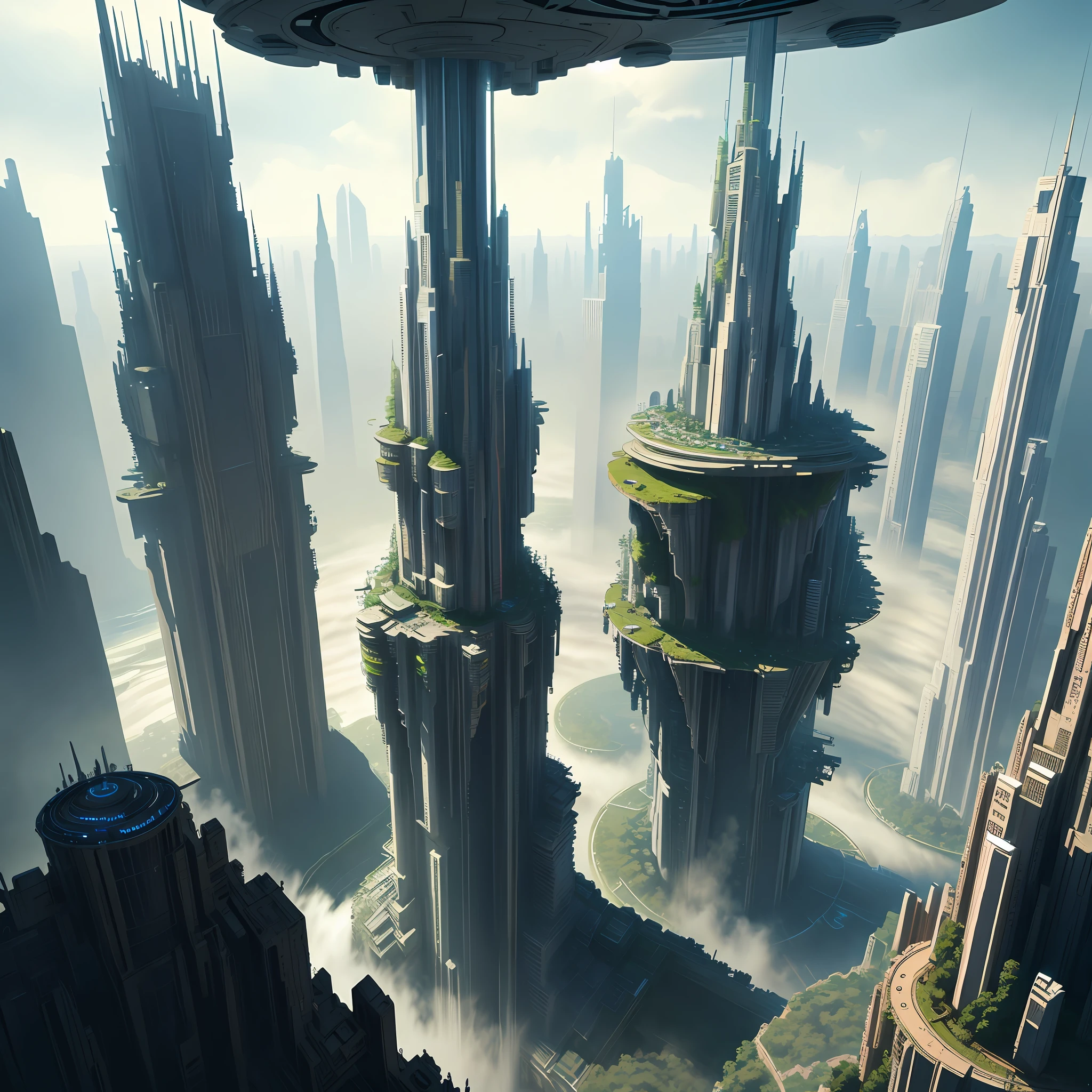 Aerial metropolis fantasy sci-fi cyberpunk top quality 8K waterfall