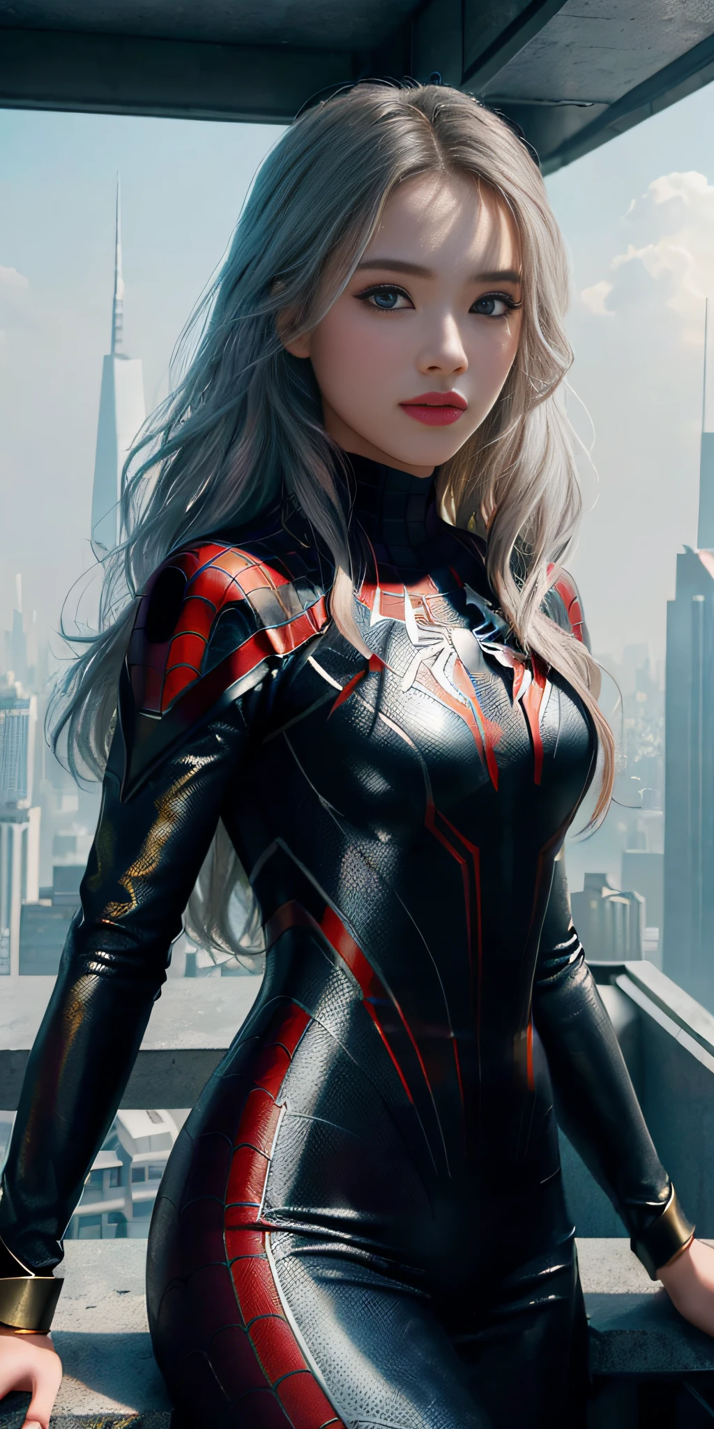 (1girl:1.3), Solo, (((Very detailed face)))), ((Very detailed eyes and face)))), Beautiful details eyes, body parts__, official art, unified 8k wallpaper, super detailed, beautiful and beautiful, beautiful, masterpiece, best quality, original, masterpiece, super fine photo, best quality, super high resolution, realistic realism, sunlight, full body portrait, amazing beauty, silver long hair, dynamic pose, delicate face, vibrant eyes, (from the front), she wears Spider-Man suit, red-gold-black color scheme, spider, very detailed city roof background, rooftop, overlooking the city, detailed face, detailed complex busy background, messy, gorgeous, milky white, highly detailed skin, realistic skin details, visible pores, clear focus, volumetric fog, 8k uhd, DSLR, high quality, film grain, fair skin, photo realism, lomography, futuristic dystopian megalopolis, translucent