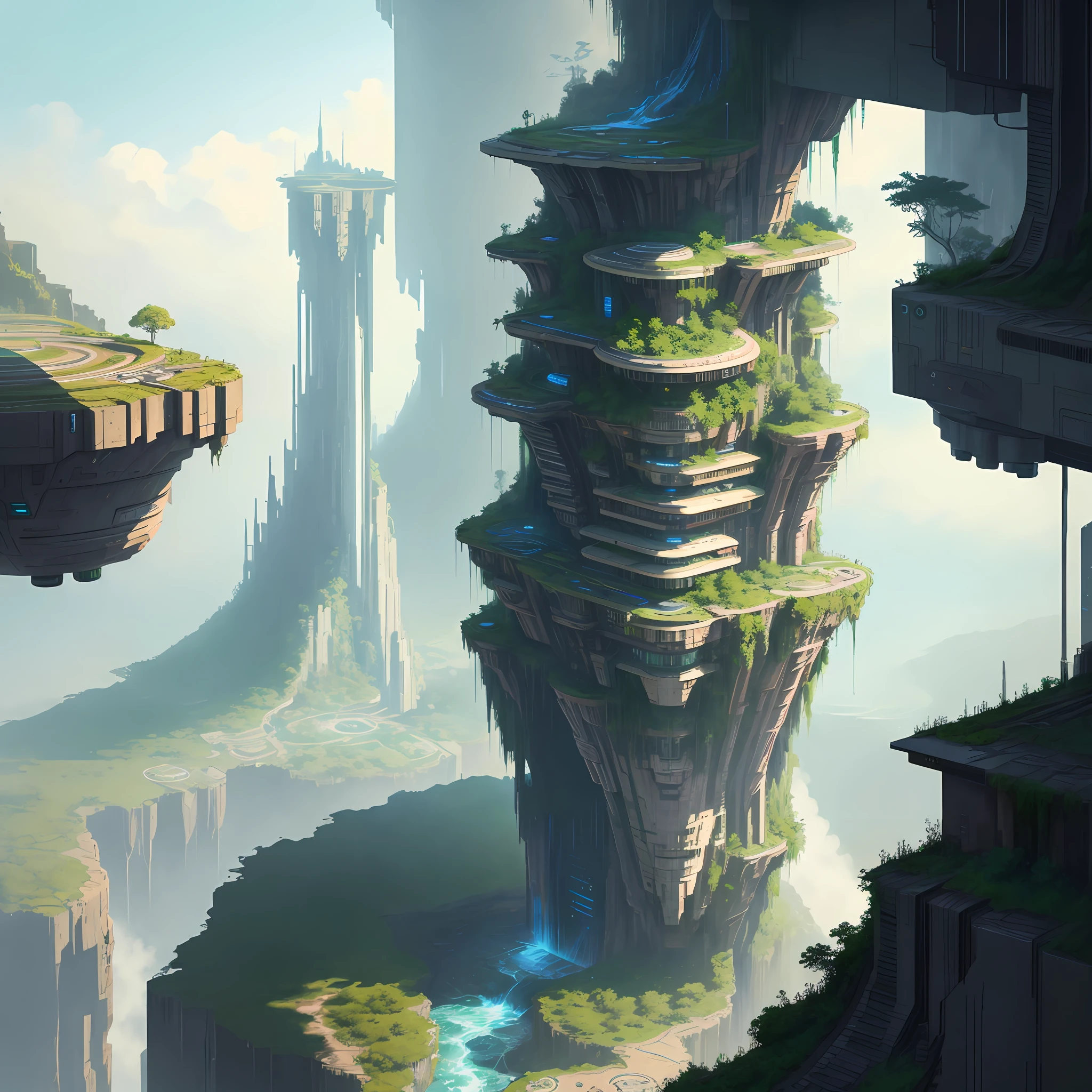 Aerial City Cyberpunk Fantasy Sci-Fi Waterfall Nature