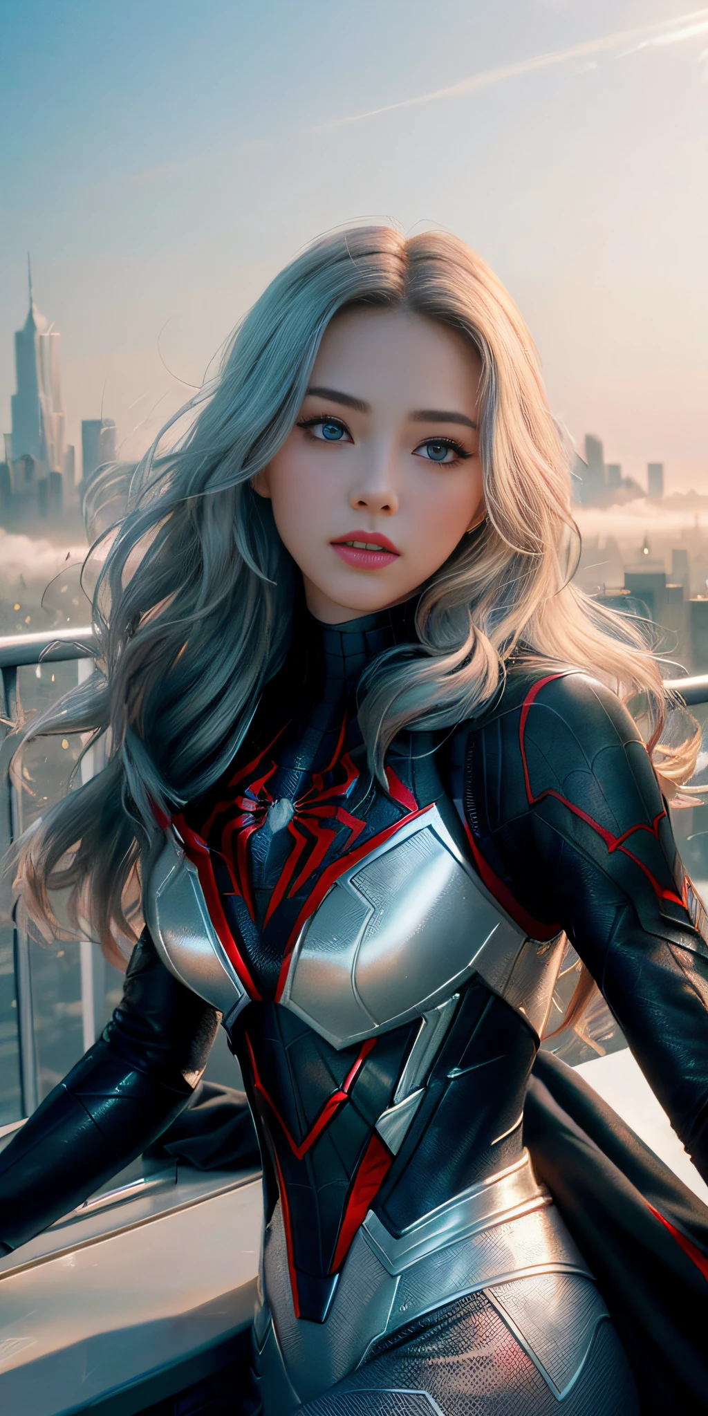 (1girl:1.3), Solo, (((Very detailed face)))), ((Very detailed eyes and face)))), Beautiful details eyes, body parts__, official art, unified 8k wallpaper, super detailed, beautiful and beautiful, beautiful, masterpiece, best quality, original, masterpiece, super fine photo, best quality, super high resolution, realistic realism, sunlight, full body portrait, amazing beauty, silver long hair, dynamic pose, delicate face, vibrant eyes, (from the front), she wears Spider-Man suit, red-gold-black color scheme, spider, very detailed city roof background, rooftop, overlooking the city, detailed face, detailed complex busy background, messy, gorgeous, milky white, highly detailed skin, realistic skin details, visible pores, clear focus, volumetric fog, 8k uhd, DSLR, high quality, film grain, fair skin, photo realism, lomography, futuristic dystopian megalopolis, translucent