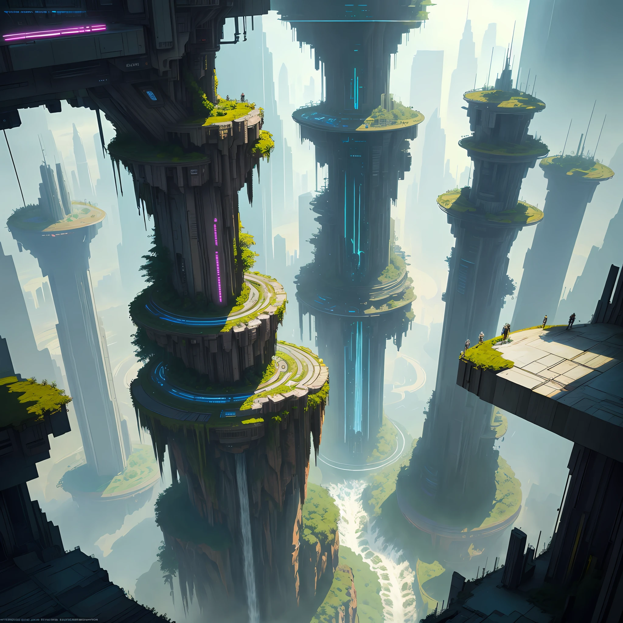 Aerial City Cyberpunk Fantasy Sci-Fi Waterfall Nature