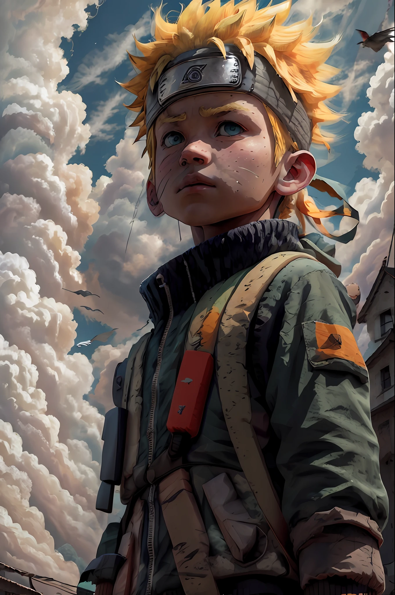 Sticker, chibinaruto, 1boy, blonde hair, male focus, soil, sky, green eyes, cloud, day, whiskers marks, bird, blue sky, male child, Jacket, Outdoor, upper body, overcast sky