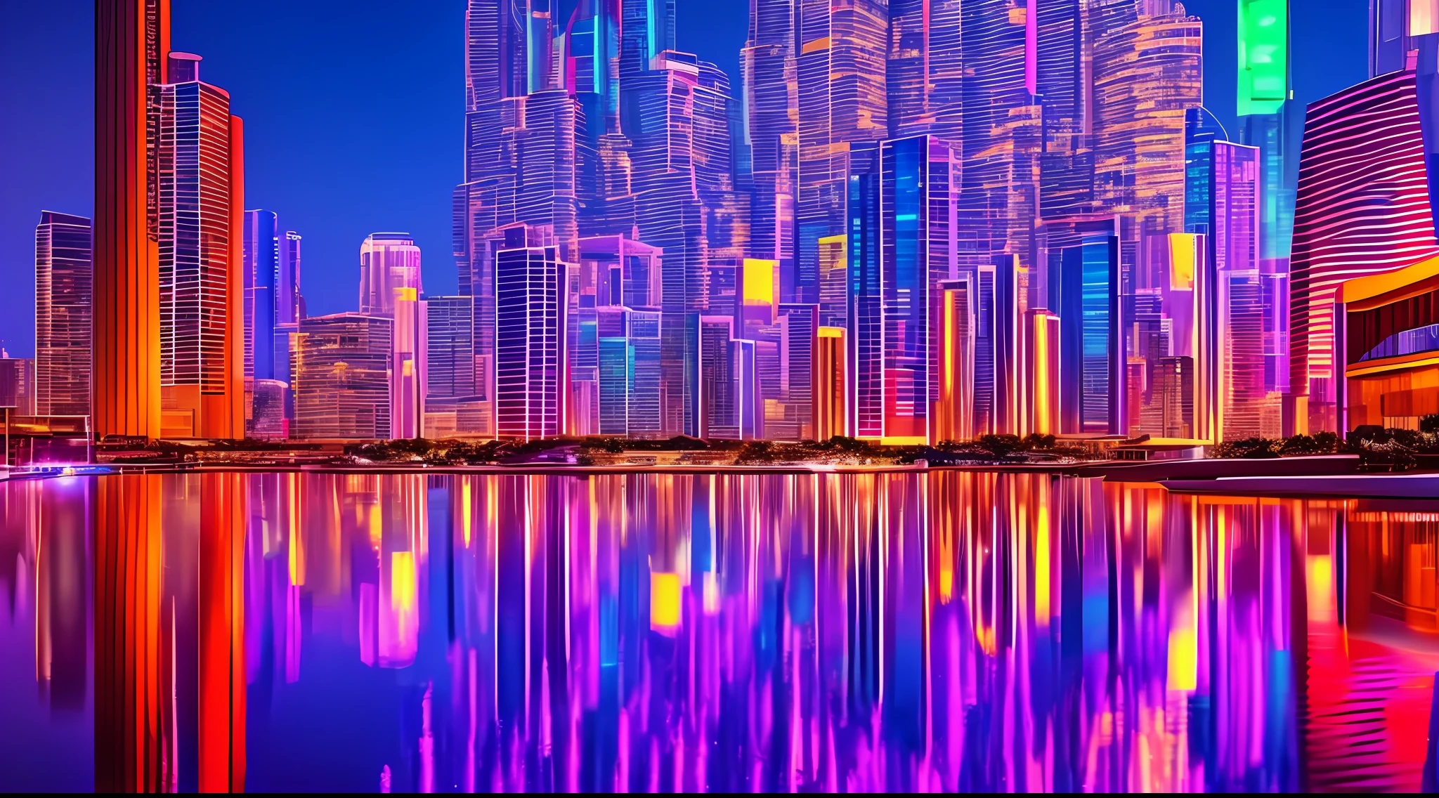 A futuristic city with neon-colored skyscrapers, night sky filled with bright lights, modern and innovative architecture, houses illuminated in futuristic style, technological cityscape, digital illustration with elements of science fiction, vibrant reflections on the facades of buildings, electrifying and dynamic atmosphere, amazing details that portray an advanced world, --air 16:9 --v 5, Social realism, chromatic aberration abuse, backlighting, ray tracing, reflection light, glowing light, god rays, chromatic aberration, Fujicolor, best quality, high details, super detail, best quality, highres, high quality --auto --s2
