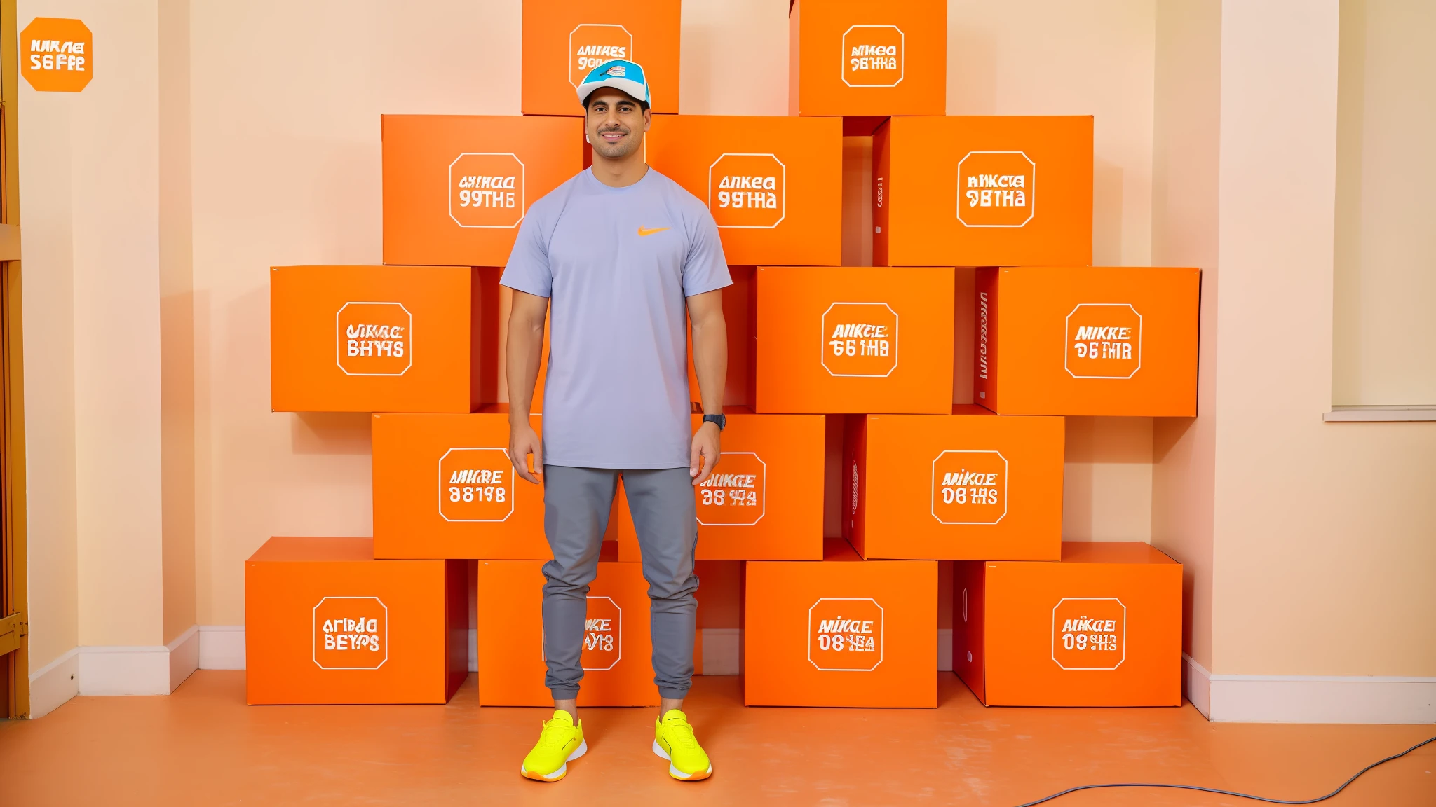 arafed man standing in front of a stack of orange boxes, blippi, in front of an orange background, h3h3, jerma in a liminal space, focus on sneakers only, a person standing in front of a, wearing nike air mags, no two rooms are identical. 4k, filmic tonemapping, photo for a store