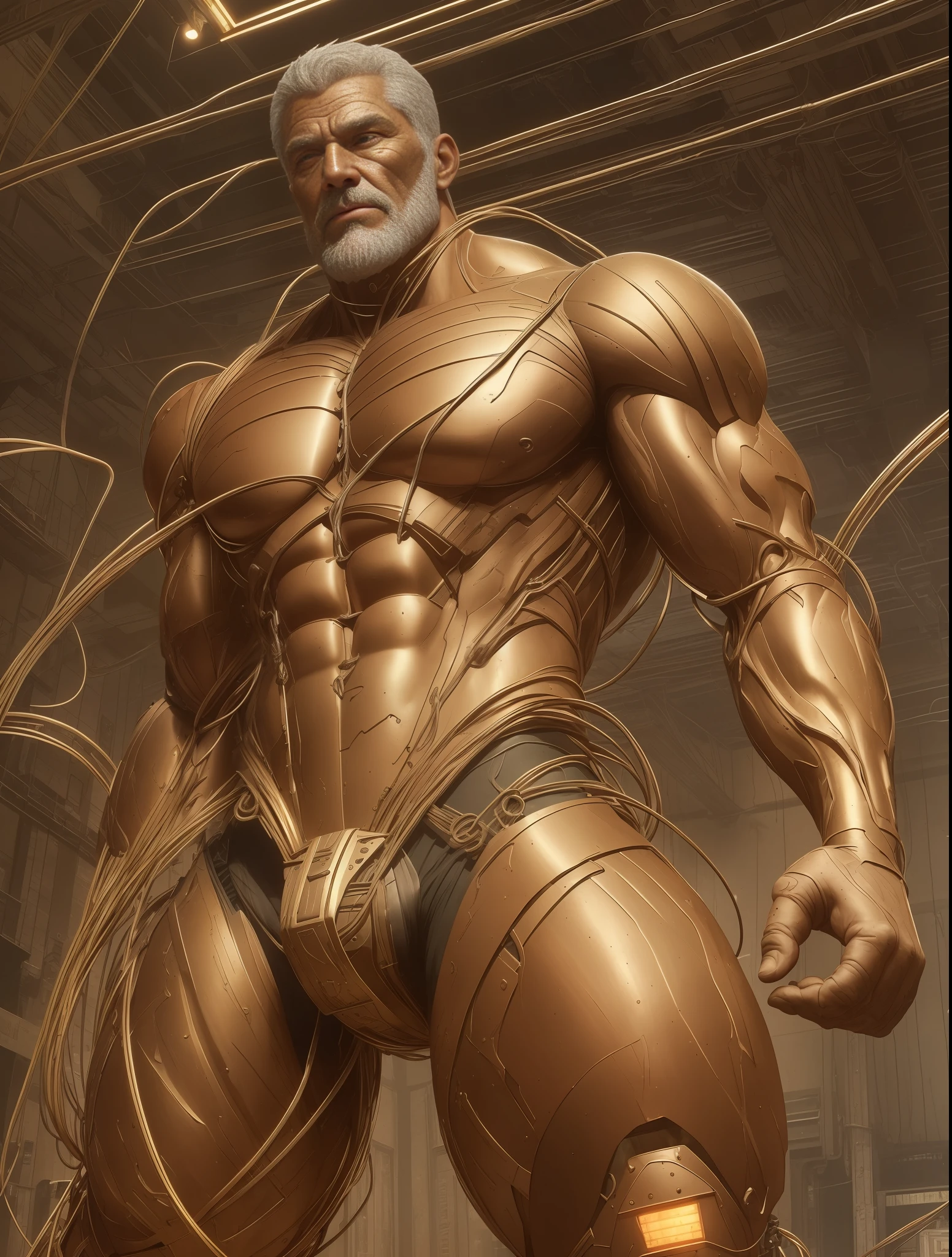 (Very attractive) muscular cyborg older man with a (chisled model face), chisled features, exposed wires, gold oil leaking from rusty wires, lights, extremely asthetically chiseled physique, old destress metal,  huge Crotch bulge, --auto --s2