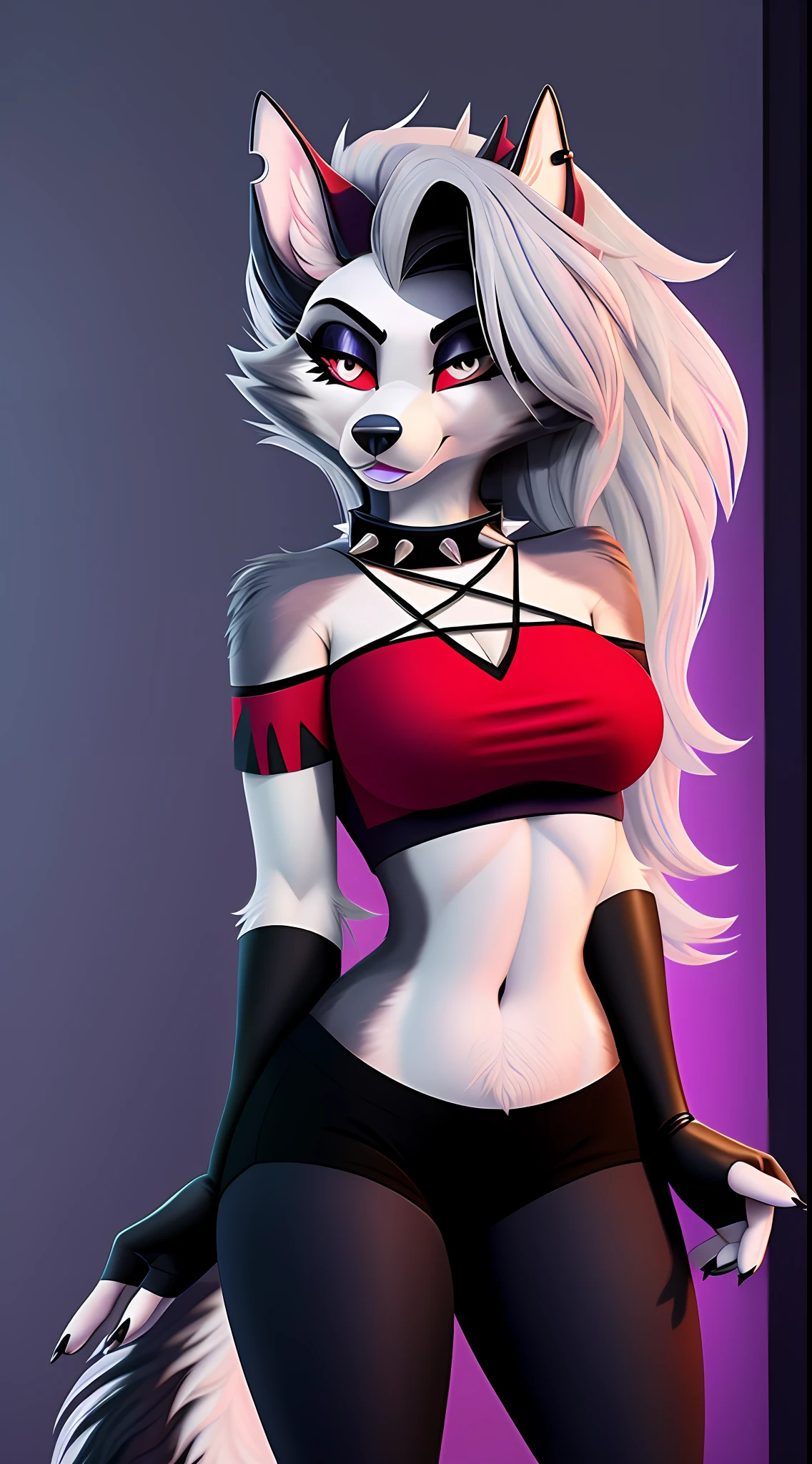 uploaded on e621, nsfw, raw photo, realistic, anthro, detailed face, detailed fur, snout, helluva boss, loona hellhound, loona, big breasts, clothed, Grey turtleneck sweater, Black shiny yoga pants, high res, high resolution, dark red office background, 2girl, Roxanne is an animatronic wolf with a punk rock aesthetic. Her eyes are bright yellow, while her fur is gray. She wears purple lipstick and toenail paint, green fingernail paint, and face paint with a series of black markings. Her hair is long and silver, with a bright green streak. Just like Glamrock Chica, there is a panel-like seam under her chest, as well as on both of her outer upper arms, but additionally has panels in the same relative position on her upper thighs. She also has light grey markings on the inside of her ears, paw pads, around her muzzle, and on her belly. Her clothes consist of a red crop top t-shirt printed with some black star shapes that exposes her stomach, black earrings, bracelets around the wrists and neck, a spiked belt, red short-shorts, and red shoulder pauldrons.