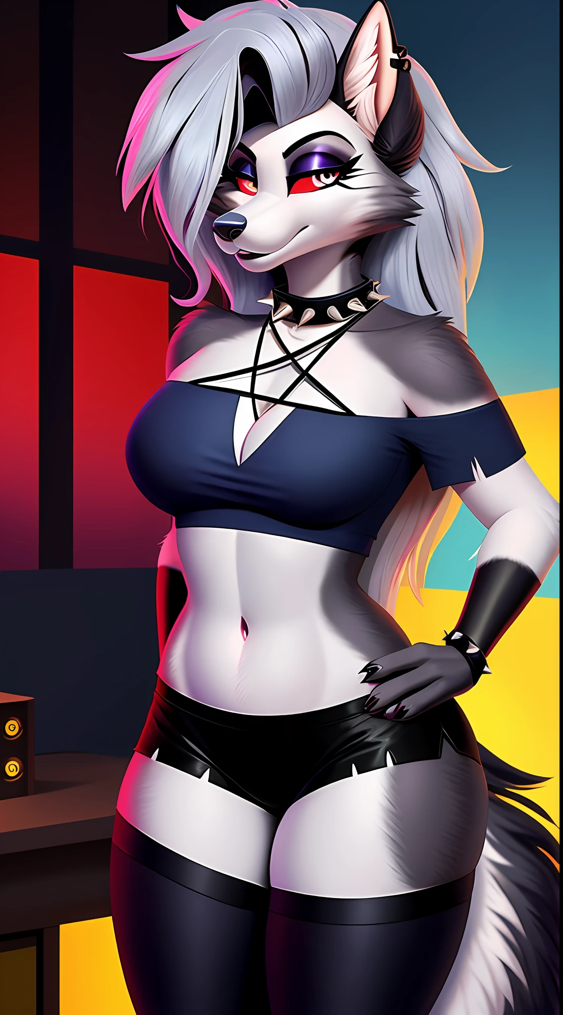 uploaded on e621, nsfw, raw photo, realistic, anthro, detailed face, detailed fur, snout, helluva boss, loona hellhound, loona, big breasts, clothed, Grey turtleneck sweater, Black shiny yoga pants, high res, high resolution, dark red office background, 2girl, Roxanne is an animatronic wolf with a punk rock aesthetic. Her eyes are bright yellow, while her fur is gray. She wears purple lipstick and toenail paint, green fingernail paint, and face paint with a series of black markings. Her hair is long and silver, with a bright green streak. Just like Glamrock Chica, there is a panel-like seam under her chest, as well as on both of her outer upper arms, but additionally has panels in the same relative position on her upper thighs. She also has light grey markings on the inside of her ears, paw pads, around her muzzle, and on her belly. Her clothes consist of a red crop top t-shirt printed with some black star shapes that exposes her stomach, black earrings, bracelets around the wrists and neck, a spiked belt, red short-shorts, and red shoulder pauldrons.