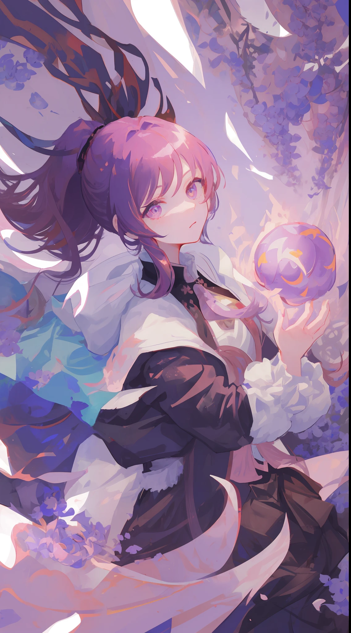((Masterpiece, Best Quality)), (Negative Space: 1.2), (1 Girl, Solo: 1.4), Petals, Pink Eyes, Dragon Girl, Long, Purple Hair, High Ponytail, Liquid Hair, Flowers, Dragon Background