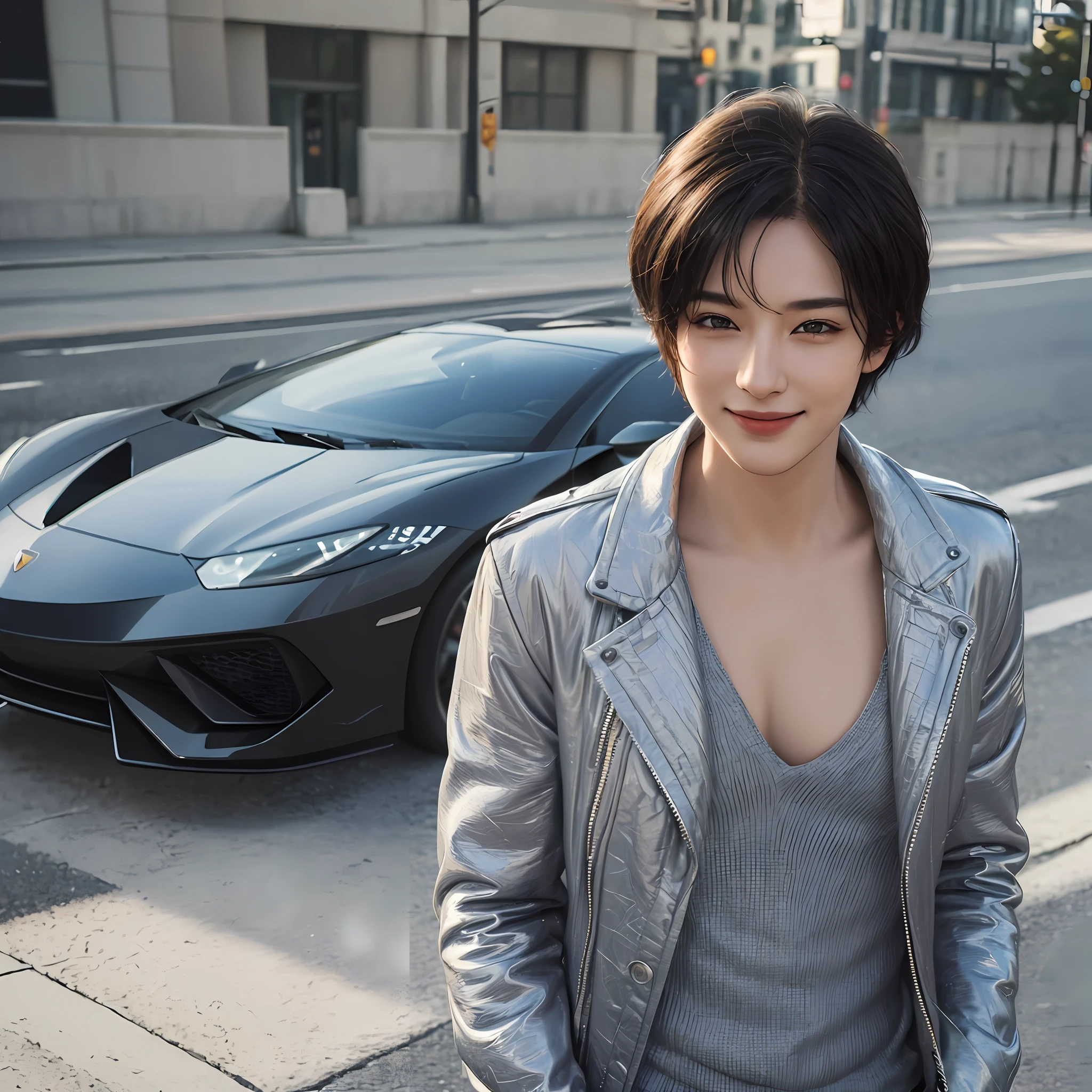 ((8K, best quality, masterpiece:1.2) & (realistic photo, realistic-1.47)) ultra-detailed, 1 boy, handsome, wear danim jacket,drive a Lamborghini, Black short hair ,(smile-1.15) ,(nose blush),(close breast), perfect eyes --auto --s2