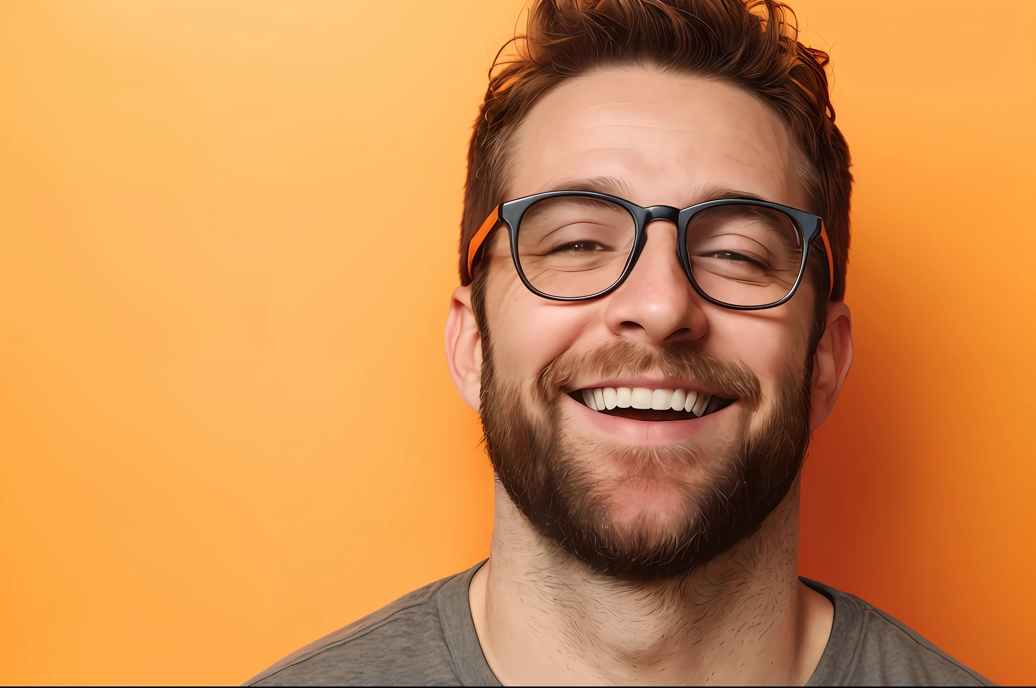 smiling man with glasses and beard wearing grey shirt and gray shirt, man with glasses, smiling man, smiling male, attractive man, man in his 30s, slight nerdy smile, ginger bearded man with glasses, high quality portrait, expressive happy smug expression, thick - rimmed glasses, laughing man, in front of an orange background, man finds happiness