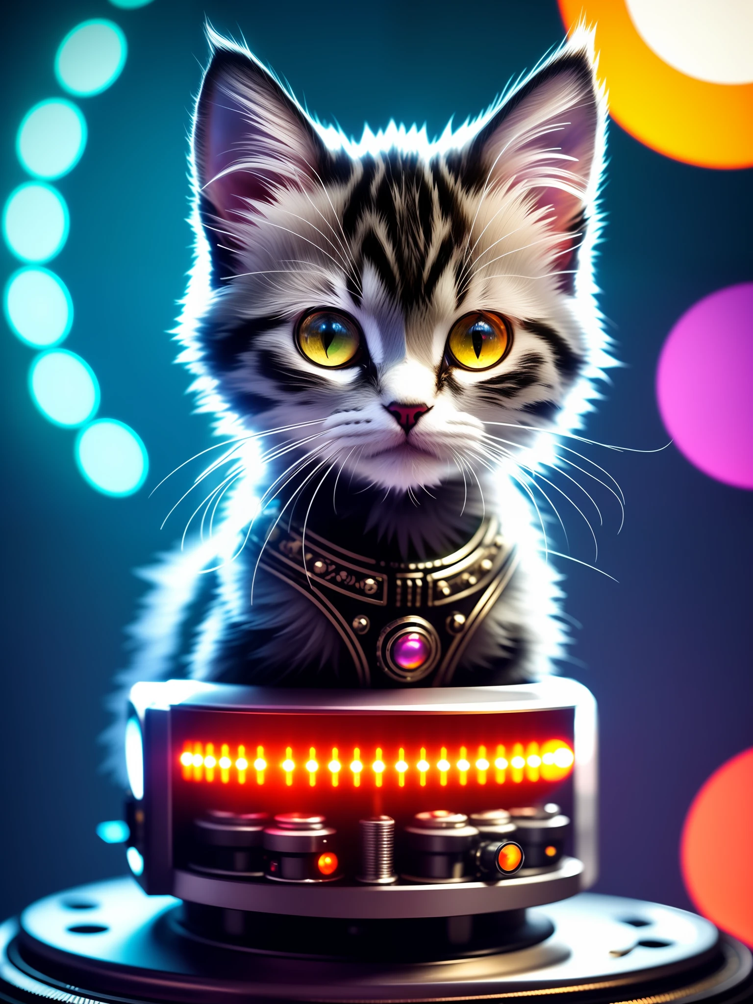 a cute fluffy kitten made out of metal, cyborg, cyberpunk style, clockwork, ((intricate details)), hdr, big eyes, ((intricate details, hyperdetailed)), vacuum tube or electron tube, cinematic shot, vignette, bokeh effect beckground