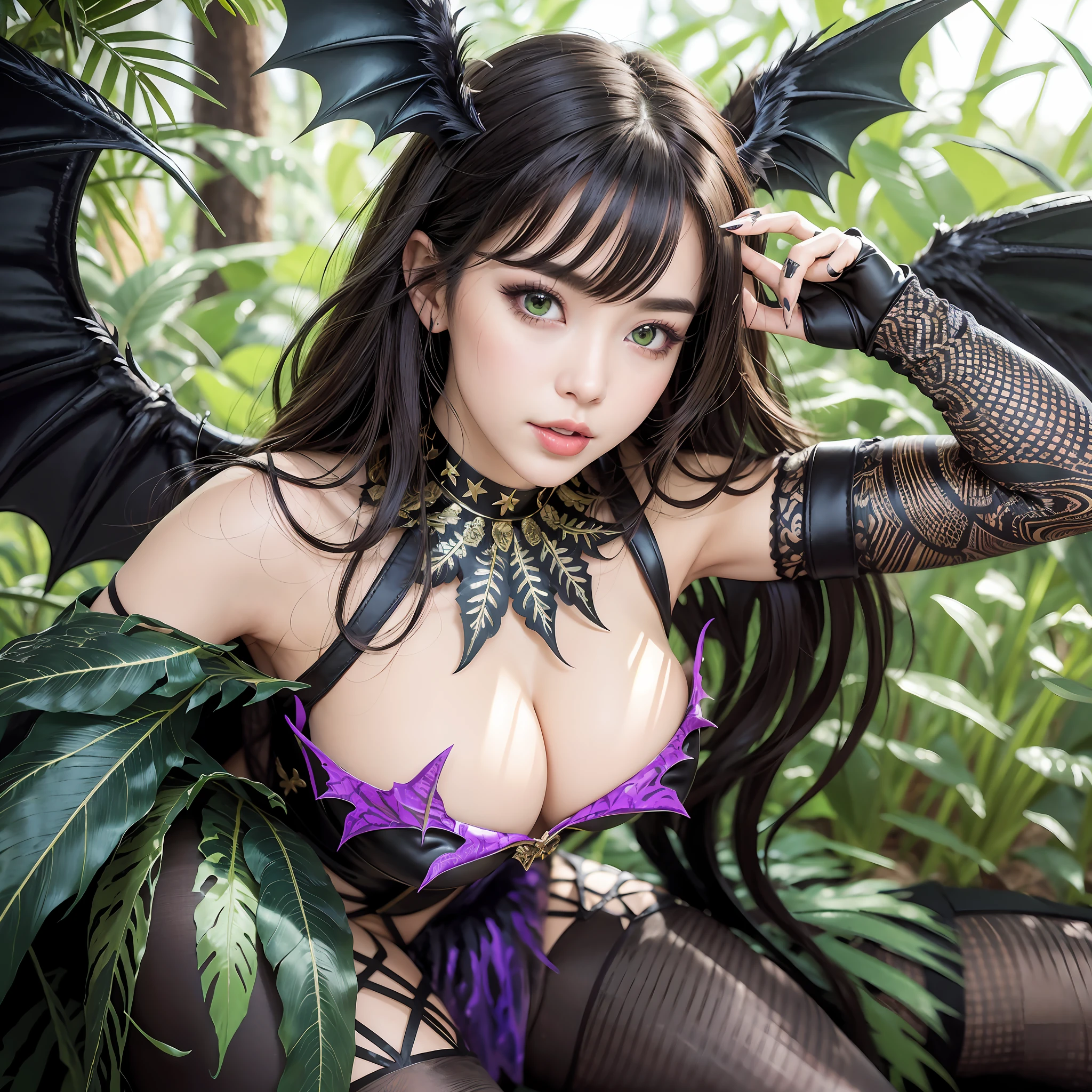unparalleled masterpiece, ultra realistic 8k CG, perfect artwork, ((perfect female figure)),1girl, (ulzzang-6500:1), kpop idol, best quality, (looking at viewer:2),game cg,\n landscape background,outdoors,shiny skin,(((large breast))),\nmorrigan aensland,long hair, green eyes, head wings, pantyhose, wings, green hair, tongue, tongue out, animal print, print legwear, bat print, cleavage, looking at viewer, leotard, bridal gauntlets, demon girl, bare shoulders, bat wings, lying, shiny, purple pantyhose, fingernails, collarbone, feather trim, gloves, black leotard, fur trim, :p,smile, elbow gloves, parted bangs, low wings\n