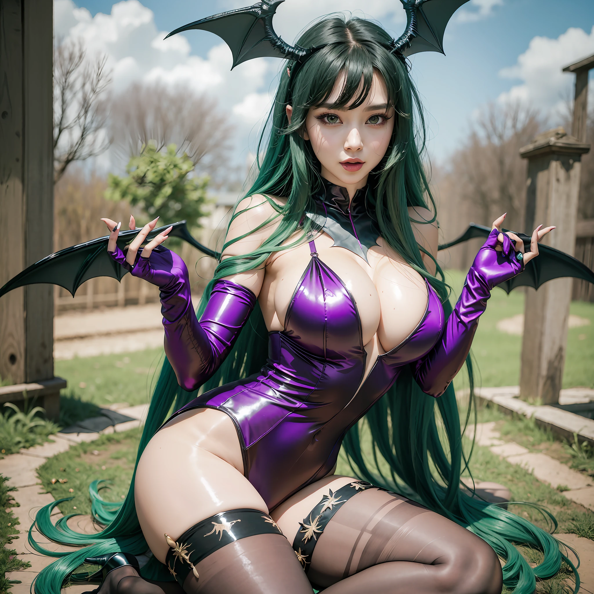 unparalleled masterpiece, ultra realistic 8k CG, perfect artwork, ((perfect female figure)),1girl, (ulzzang-6500:1), kpop idol, best quality, (looking at viewer:2),game cg,\n landscape background,outdoors,shiny skin,(((large breast))),\nmorrigan aensland,long hair, green eyes, head wings, pantyhose, wings, green hair, tongue, tongue out, animal print, print legwear, bat print, cleavage, looking at viewer, leotard, bridal gauntlets, demon girl, bare shoulders, bat wings, lying, shiny, purple pantyhose, fingernails, collarbone, feather trim, gloves, black leotard, fur trim, :p,smile, elbow gloves, parted bangs, low wings\n