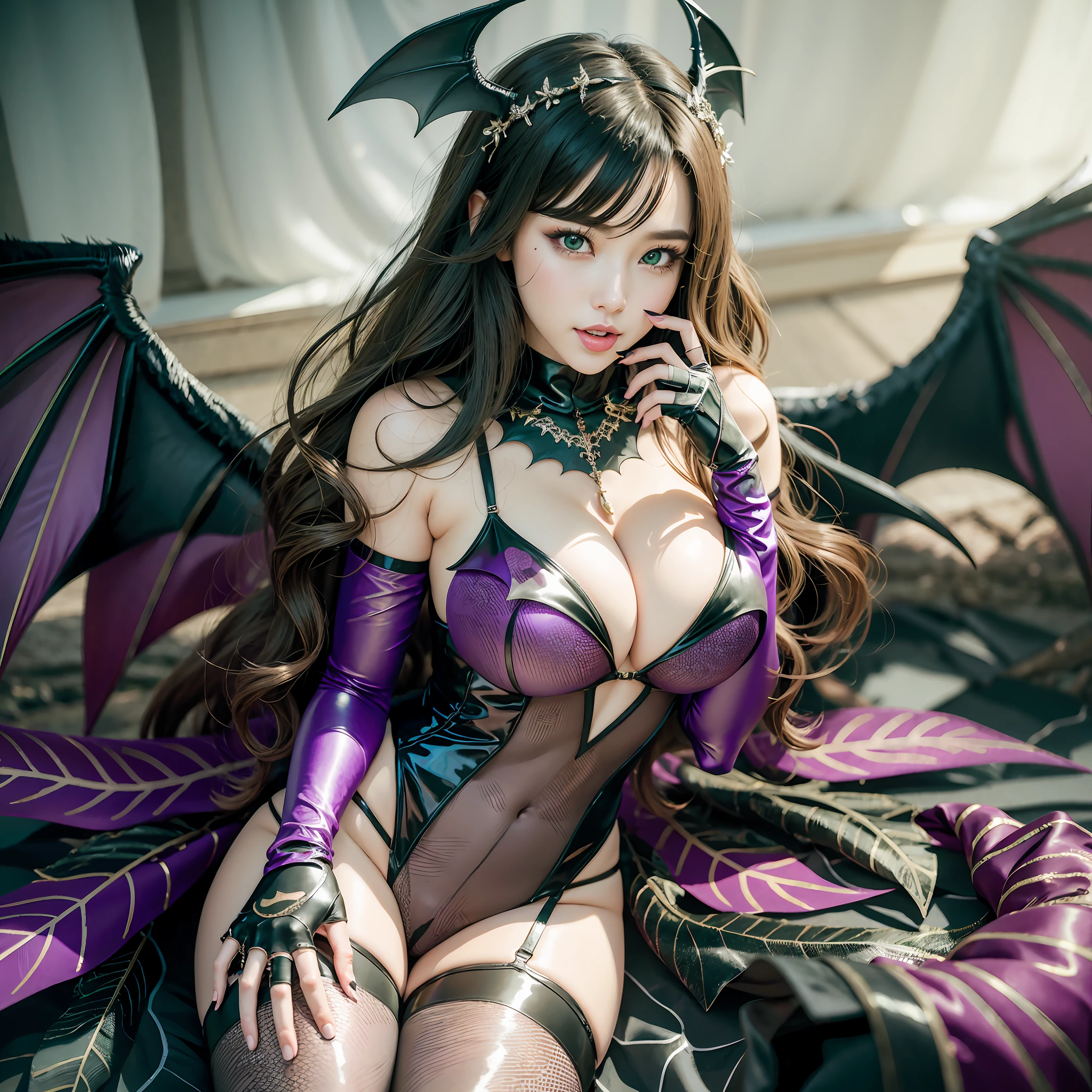 unparalleled masterpiece, ultra realistic 8k CG, perfect artwork, ((perfect female figure)),1girl, (ulzzang-6500:1), kpop idol, best quality, (looking at viewer:2),game cg,\n landscape background,outdoors,shiny skin,(((large breast))),\nmorrigan aensland,long hair, green eyes, head wings, pantyhose, wings, green hair, tongue, tongue out, animal print, print legwear, bat print, cleavage, looking at viewer, leotard, bridal gauntlets, demon girl, bare shoulders, bat wings, lying, shiny, purple pantyhose, fingernails, collarbone, feather trim, gloves, black leotard, fur trim, :p,smile, elbow gloves, parted bangs, low wings\n