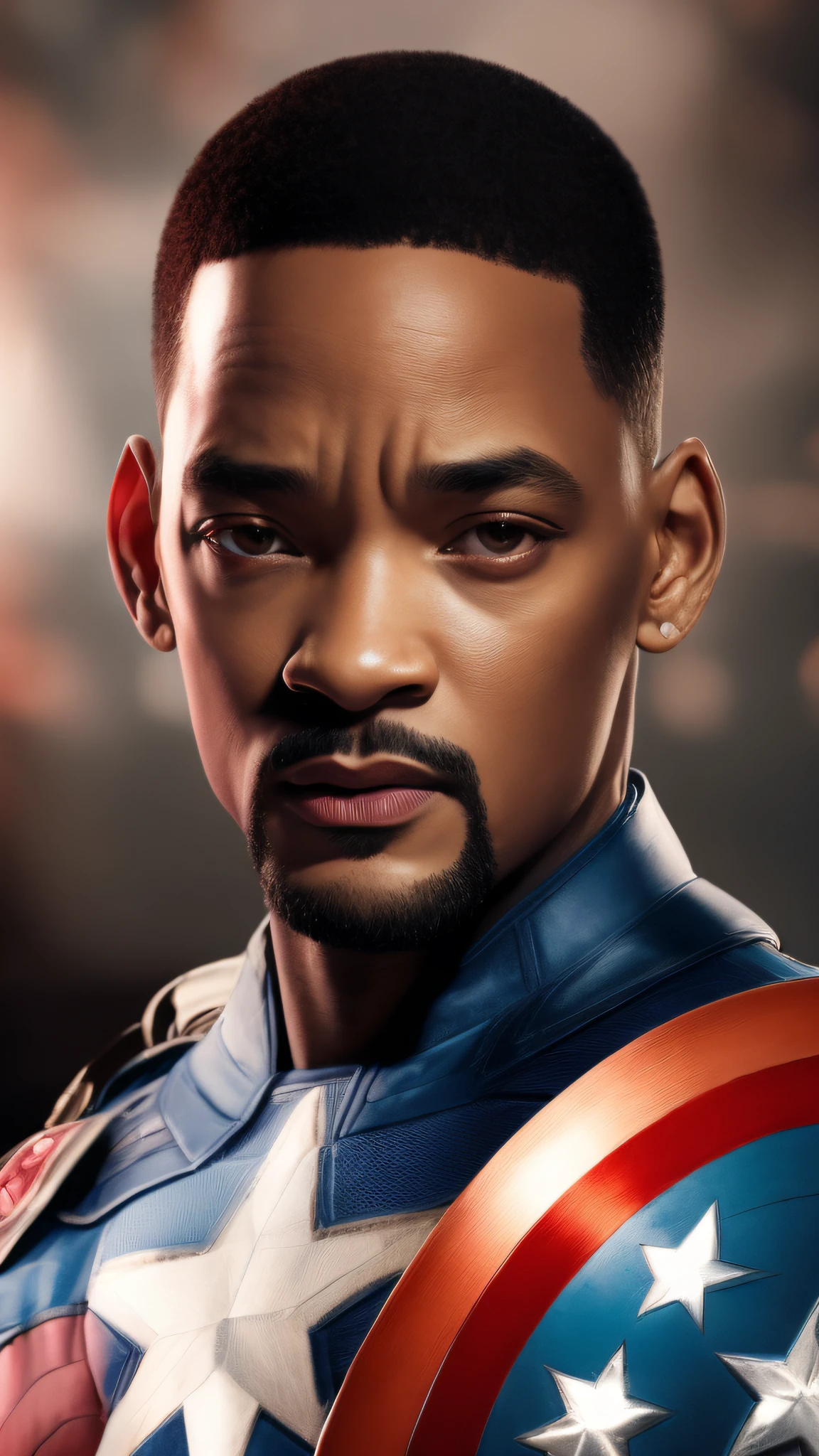 . .Tarantino style Will Smith as Captain America 8k, high definition, detailed face, detailed face, detailed eyes, detailed suit, in style of marvel and dc, hyper-realistic, + cinematic shot + dynamic composition, incredibly detailed, sharpen, details + superb details + evening with light + perfectionism + award winning realism ((moody lighting))