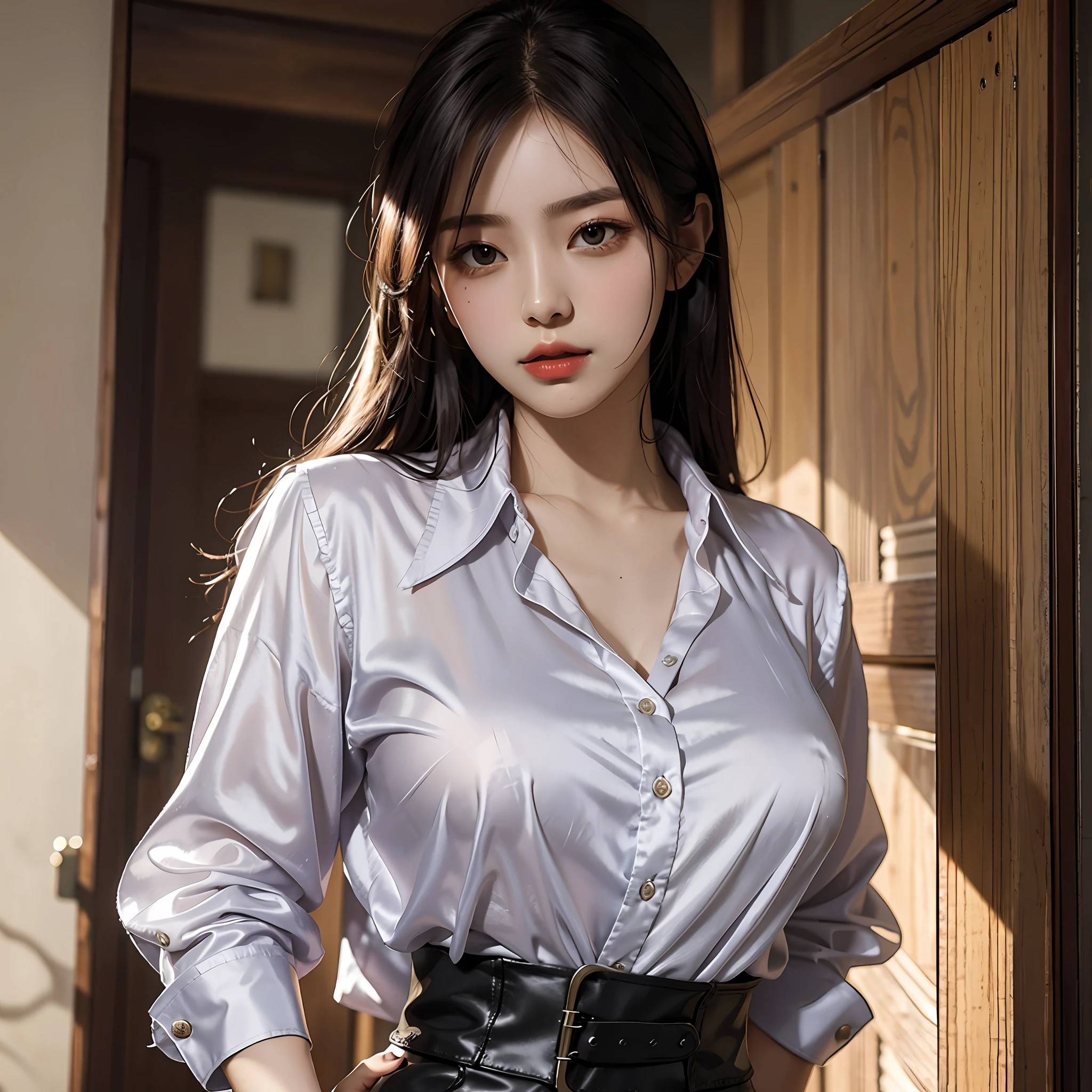 Wearing a silk blouse, the blouse material is satin, strong shiny and smooth to the touch, the buttons on the front of the blouse are fastened, no bra is on, the blouse is fit the body, the chest is C cup, Japan fashion model, wearing a shirt