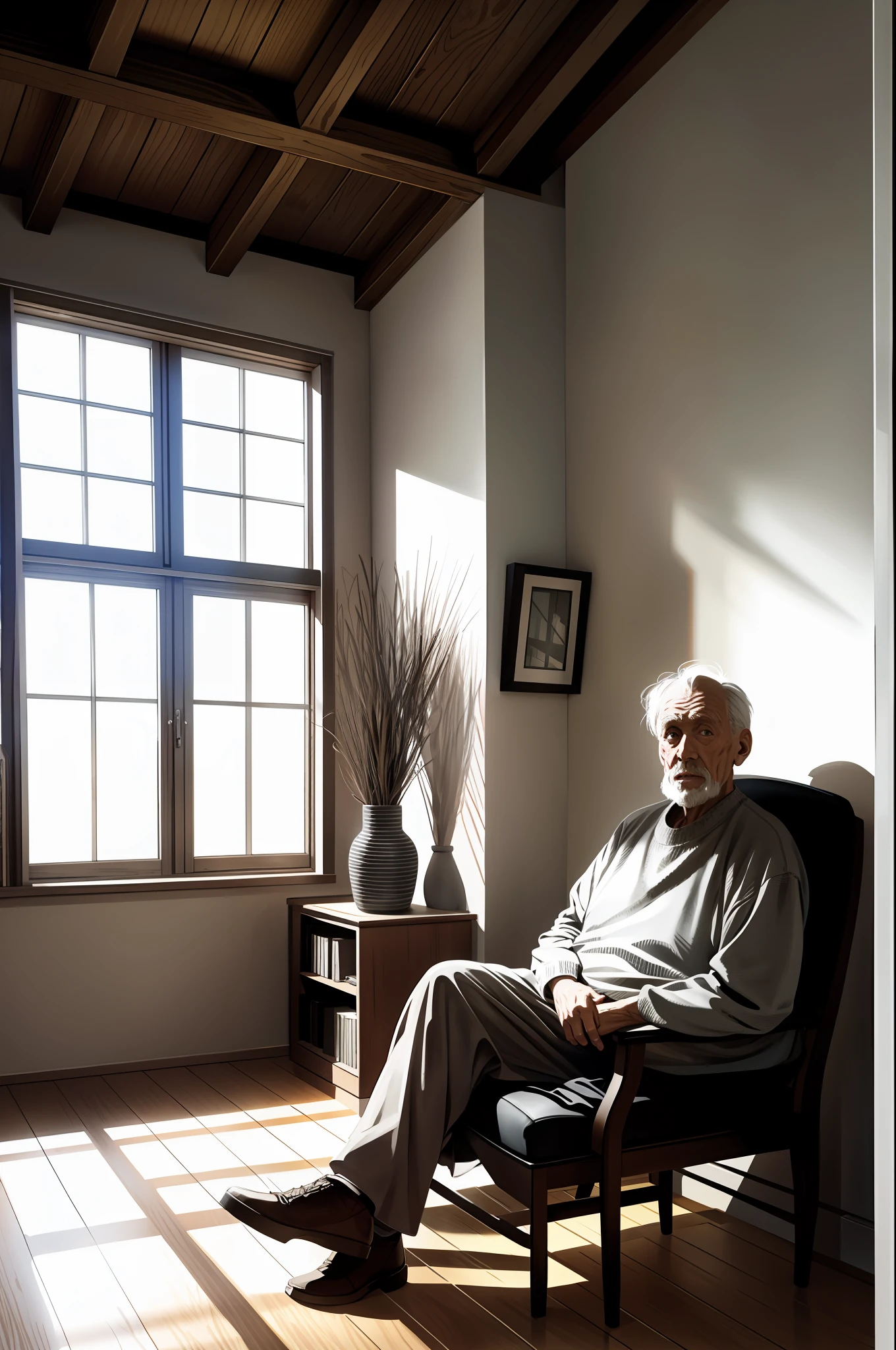 old weathered man, old house, look the window, sitting in comfy armchair, cold and barren, lifeless, bleak,light ray from window