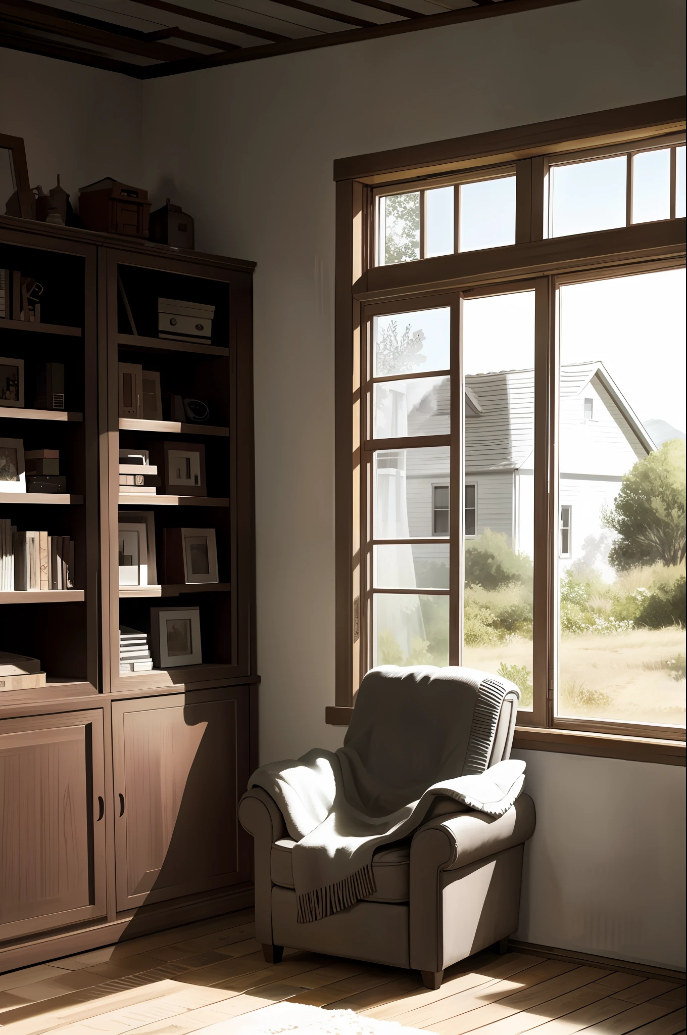 old weathered man, old house, look the window, sitting in comfy armchair, cold and barren, lifeless, bleak,light ray from window