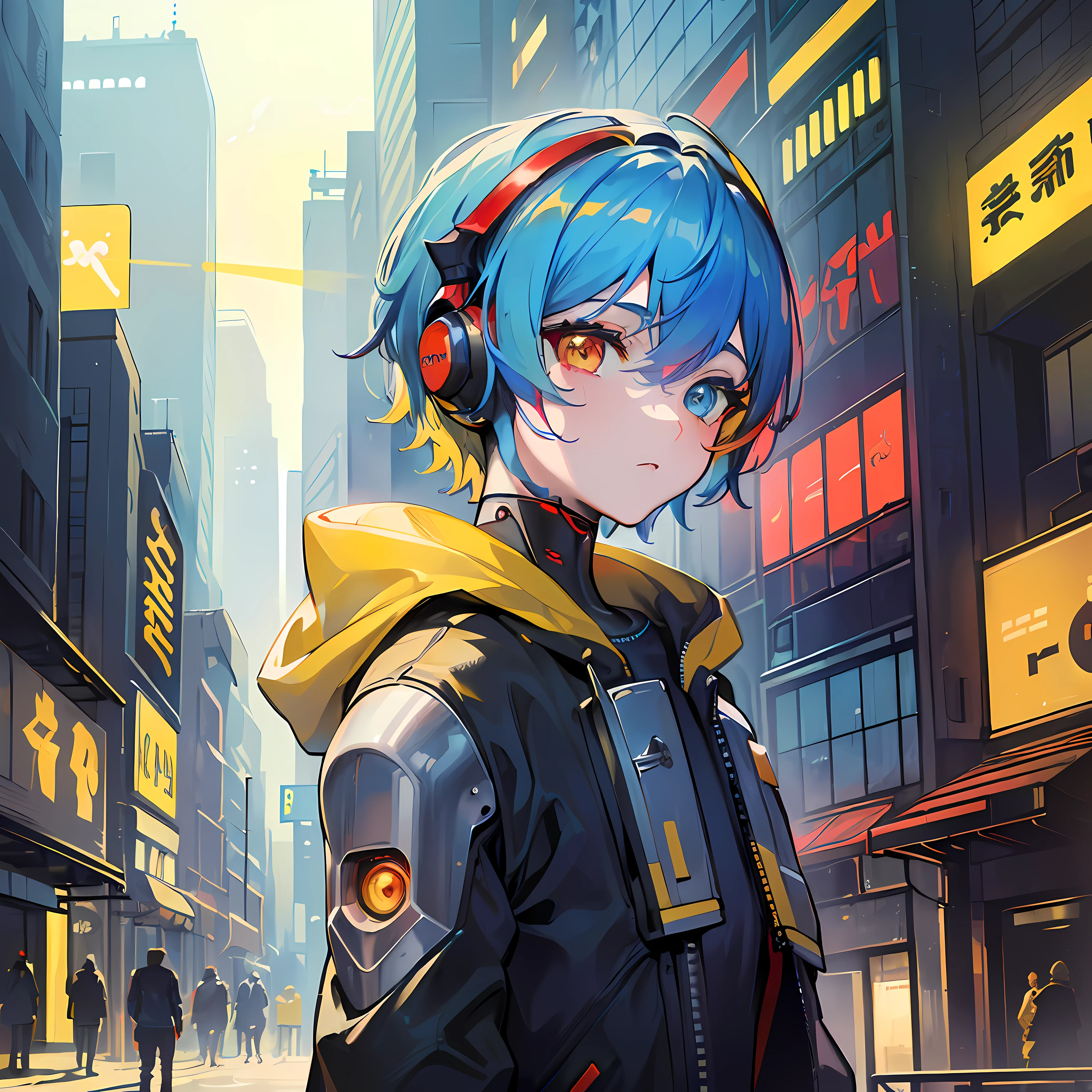 (masterpiece:1.3), (best cinematic quality:1.2), (extremely detailed setting:1.3), (soft+artistic lighting), (1boy), short blue haired, (eyes+yellow+red:1.4), (multicolored eyes+heterochromia), wearing cyberpunk clothes, futuristic, technological, city scenery with (robots+around)0.4], giving (dramatic scenery)0.2]