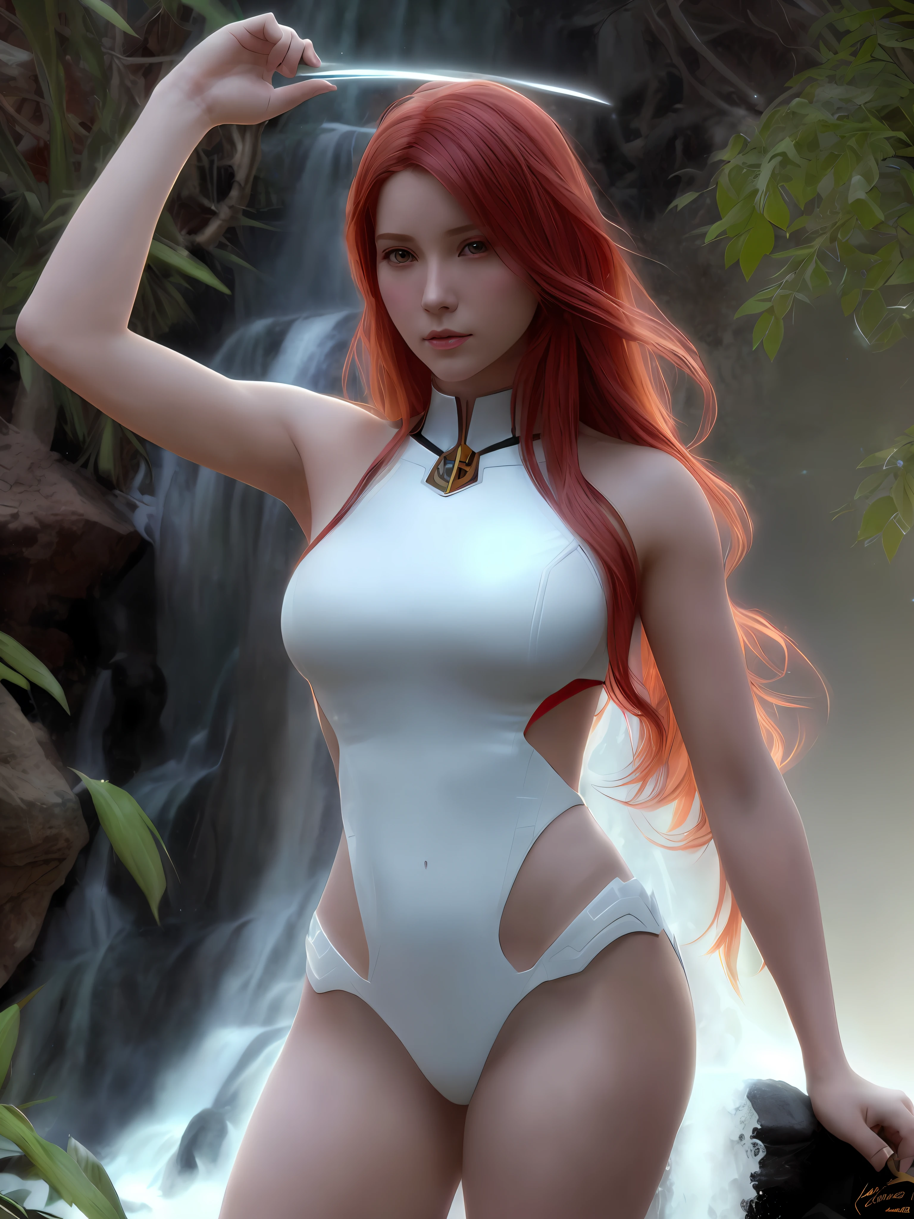 Young white with red hair in the waterfall, science fiction, hyper-realism, 85mm, an ultra realistic 8k photo, cinematic lighting, hyper-realistic, focused, high details, ((highly detailed)), depth of field, ((((professionally graded coloring))), 8k, 50mm, f/1. 4, art by Artgerm and Greg Rutkowski and Alphonse Mucha, concept, art style, realistic painting, Egypt, pose, perfect body