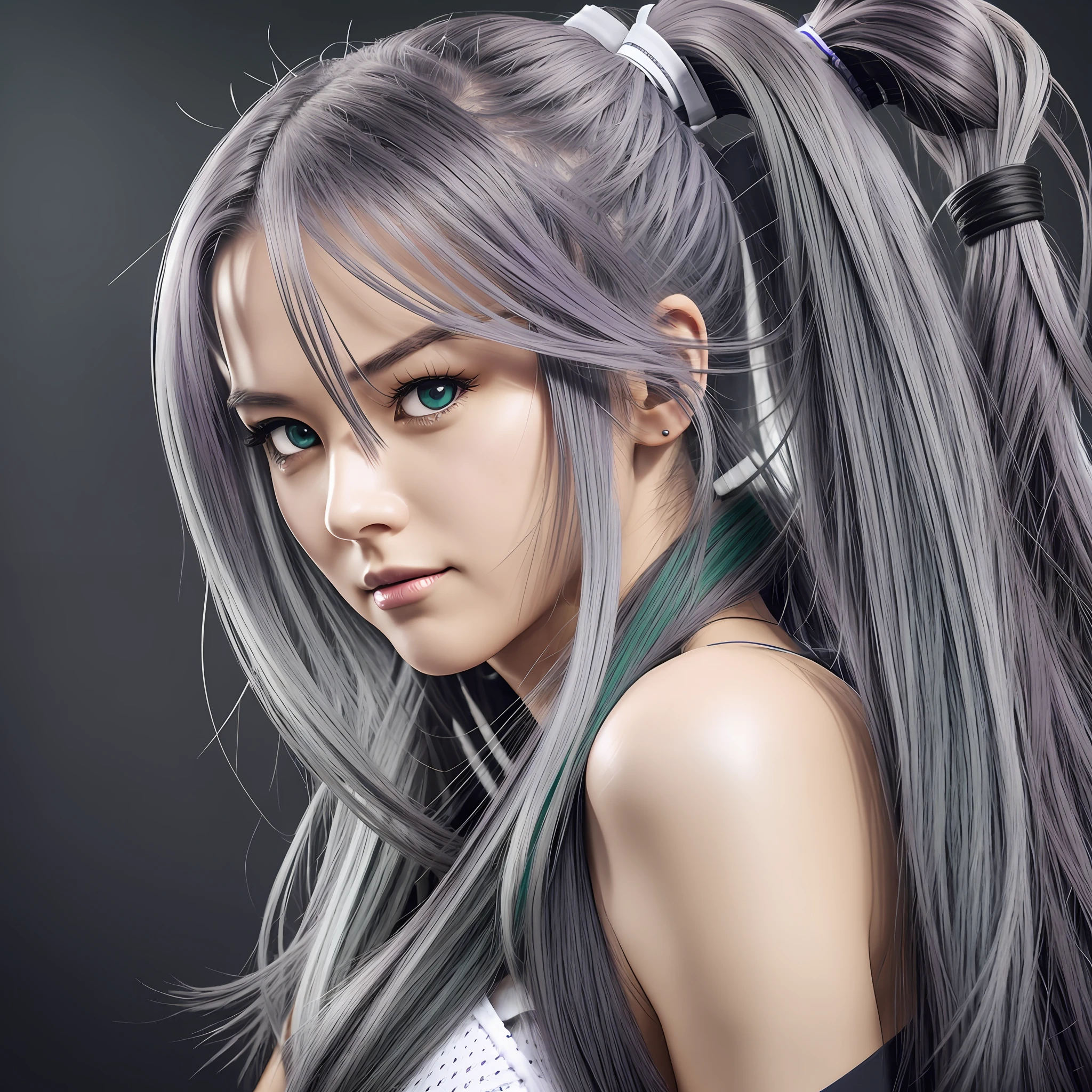 Aircraft carrier, more immature, building, dark gray, silver, long left ponytail, gradient hair color from white to purple, dark green pupils, main weapon single, main weapon number 7 --auto --s2
