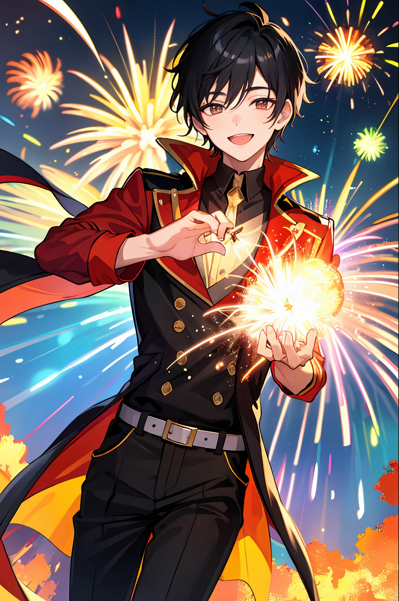 1boy, background with fireworks, black hair, happy expression, smile, colorful fire magic, he wears a flashy outfit