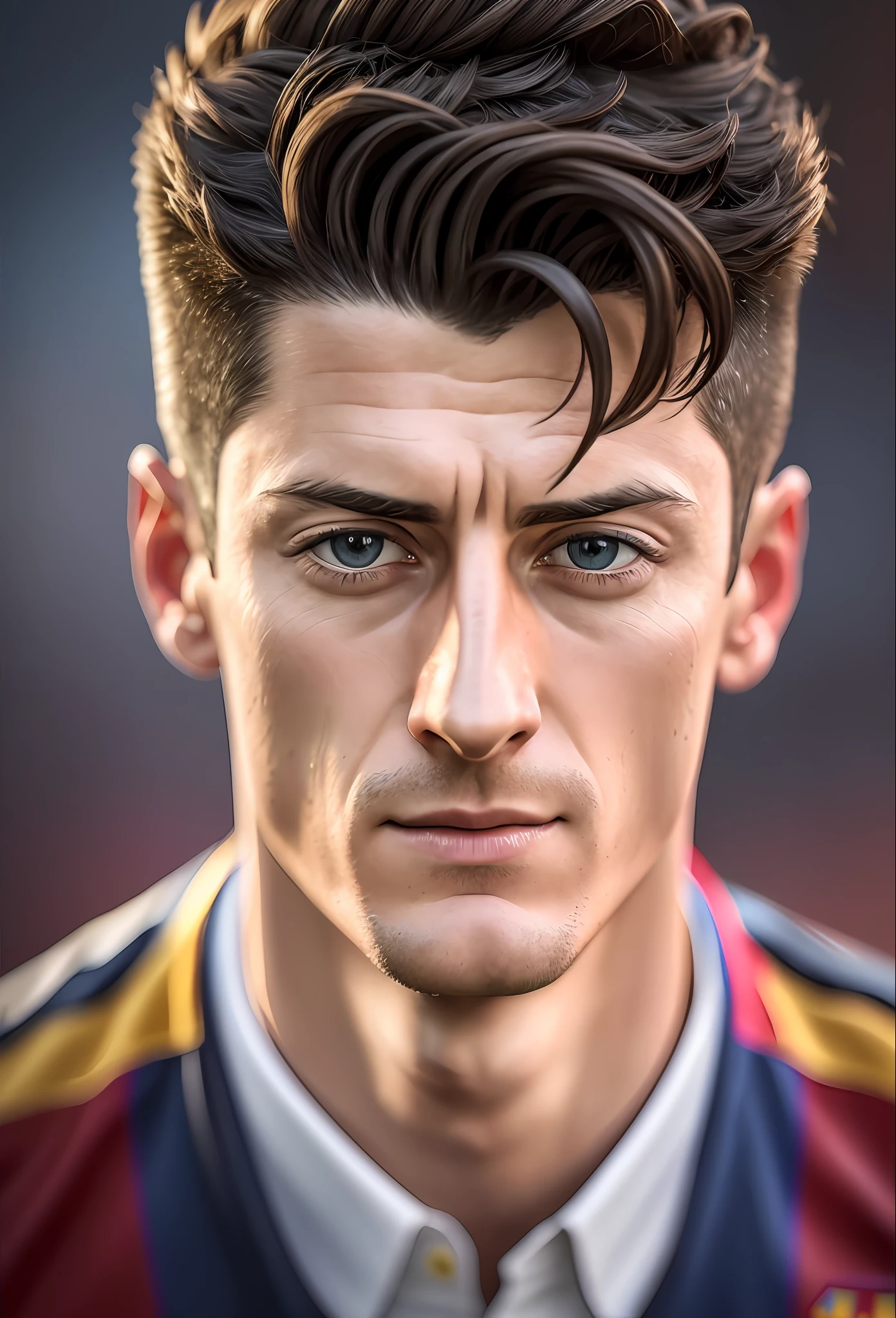 Lewandowski with the Barcelona shirt, with a realistic and photographic look, featuring hyperfocus and sharpness that simulates a photograph taken by a professional camera, realistic details and textures. --auto --s2