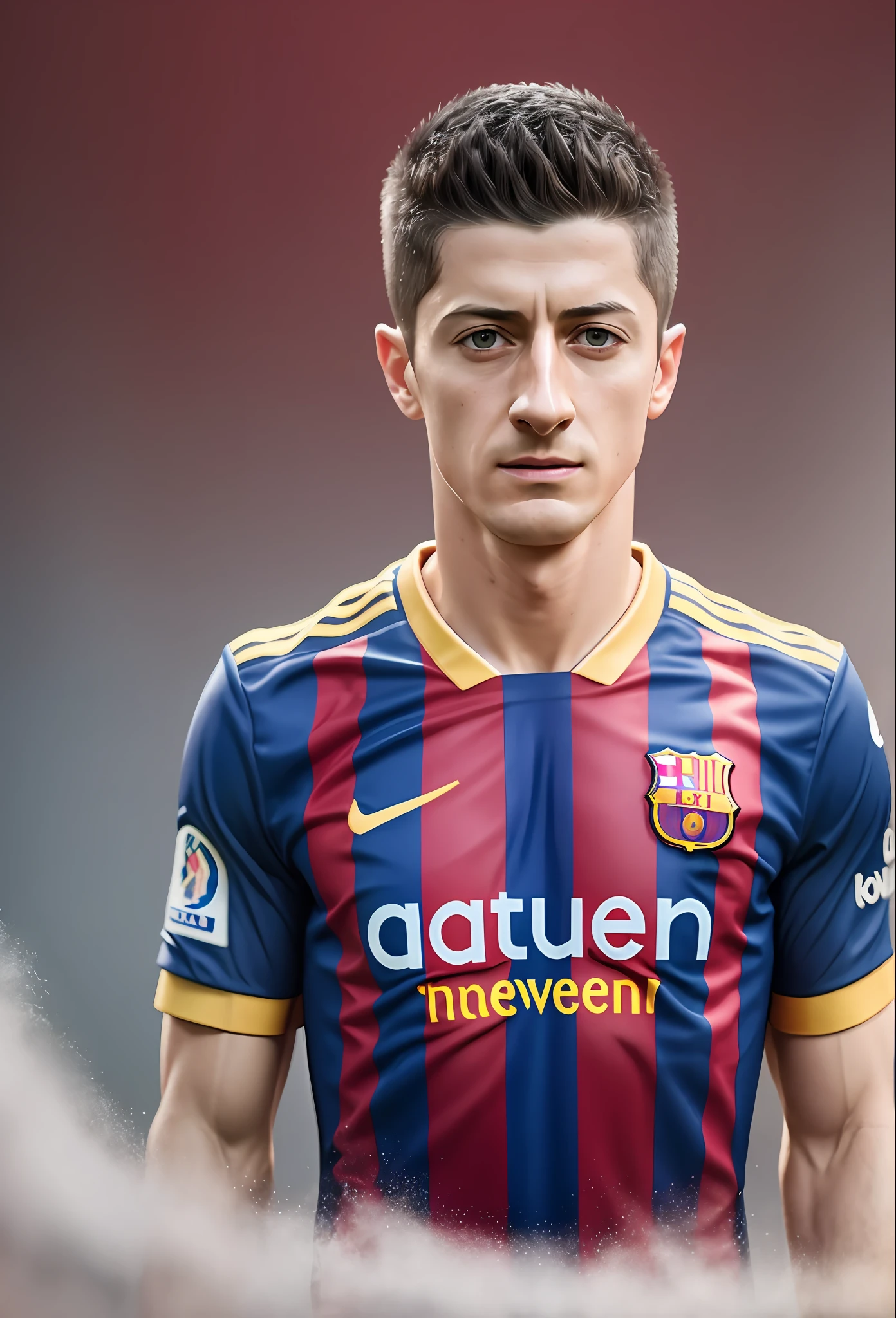 Lewandowski with the Barcelona shirt, with a realistic and photographic look, featuring hyperfocus and sharpness that simulates a photograph taken by a professional camera, realistic details and textures. --auto --s2