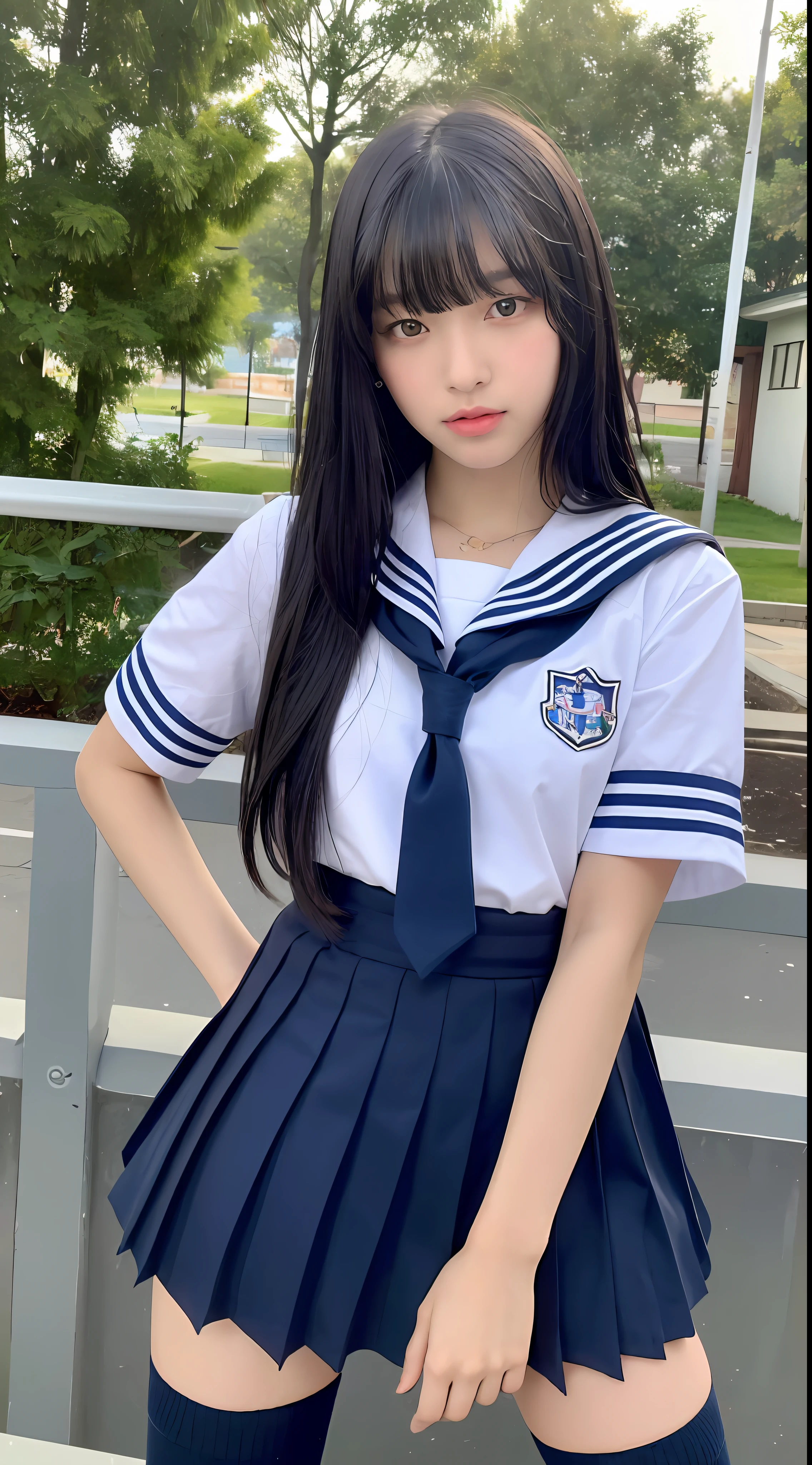 (Best quality, 8k, masterpiece: 1.3), a Pretty Girl with perfect figure:1.4, (high-school student, teens), (summer school uniform, sailor uniform, navy blue, pleated skirt, mini skirt, red scarf, school knee-high socks), (black hair, long hair), (black eye), (small breasts), (blunt bangs:1.2),  (high school, classroom), highly detailed face and skin, detailed eyes, double eyelids