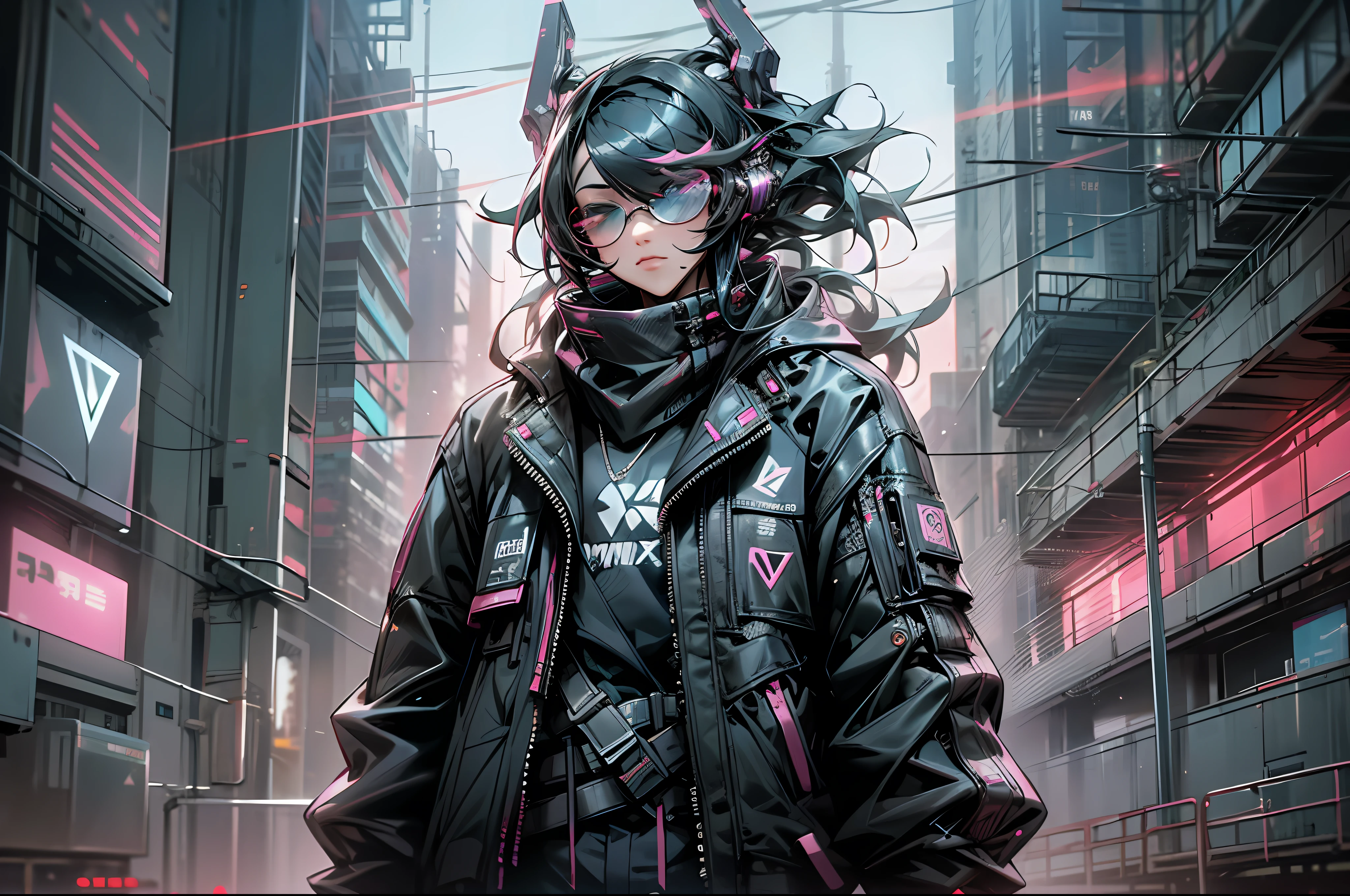 a man in a black jacket and glasses stands in front of a futuristic city, vr game, cyberpunk vibe, cyberpunk vibes, deeper into the metaverse we go, has cyberpunk style, cyberpunk theme, in cyber punk 2077, cyberpunk futuristic, cyberpunk future, synthwave, wearing cyberpunk streetwear, futuristic cyberpunk, cyberpunk tech, retro cyberpunk, synthwave style --auto --s2